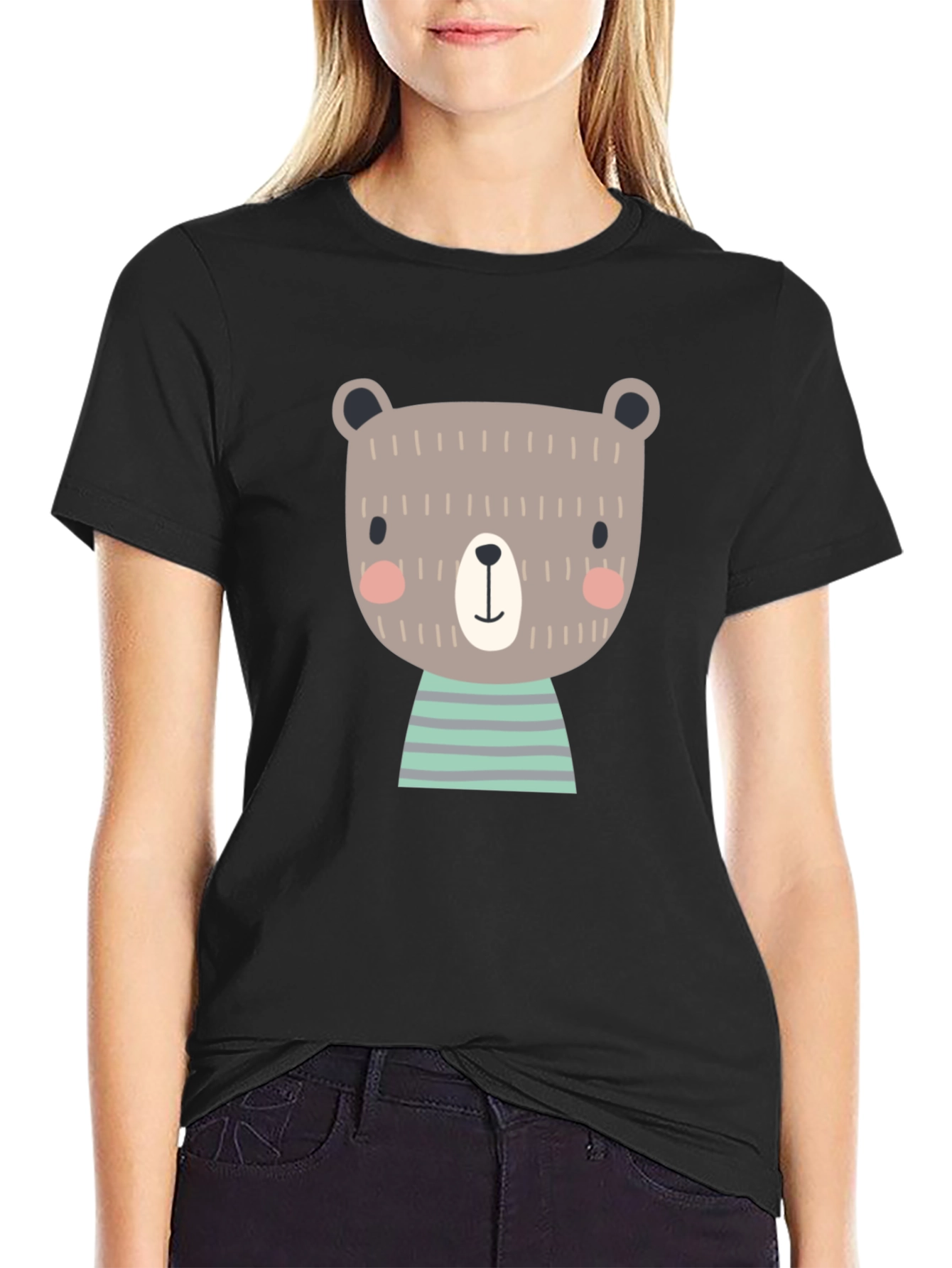 Cute Bear Graphic Print Black T-Shirt