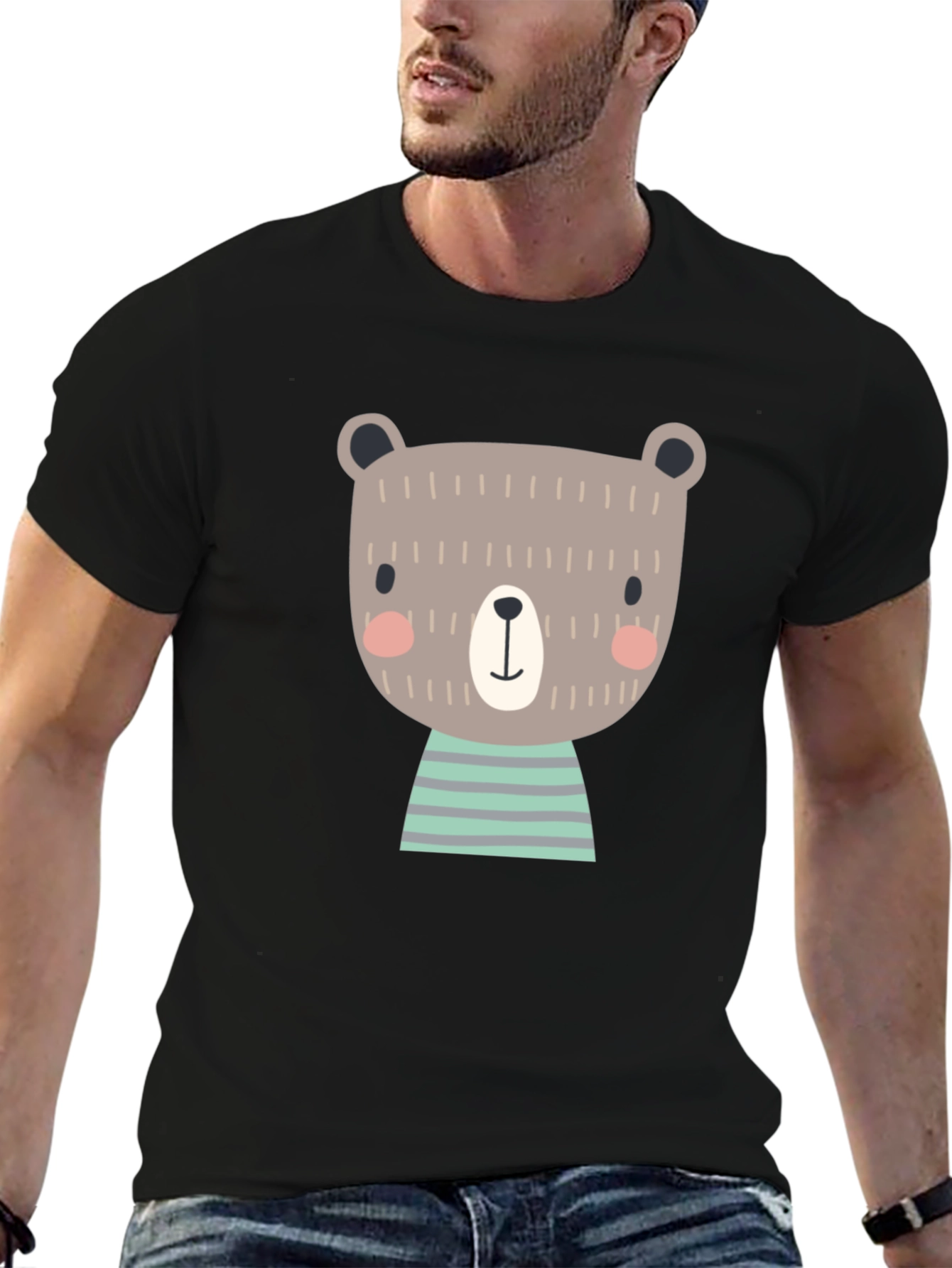 Cute Bear Graphic Print Black T-Shirt