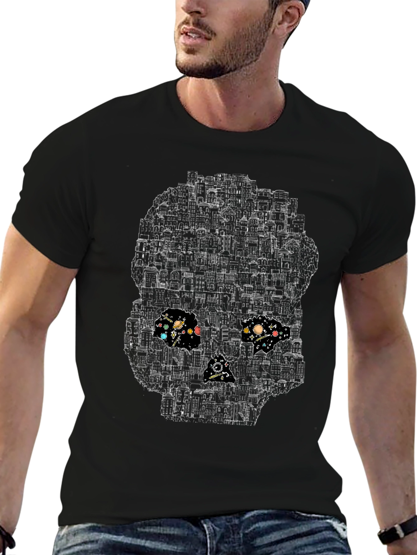 Cityscape Skull Graphic T-Shirt - Black