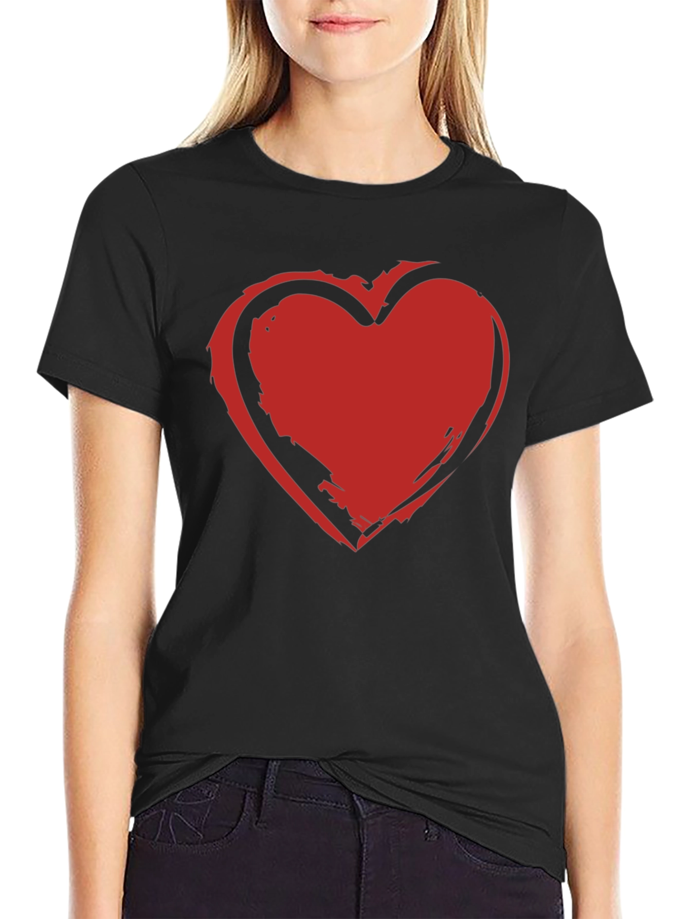 Bold Red Heart Graphic Black T-Shirt
