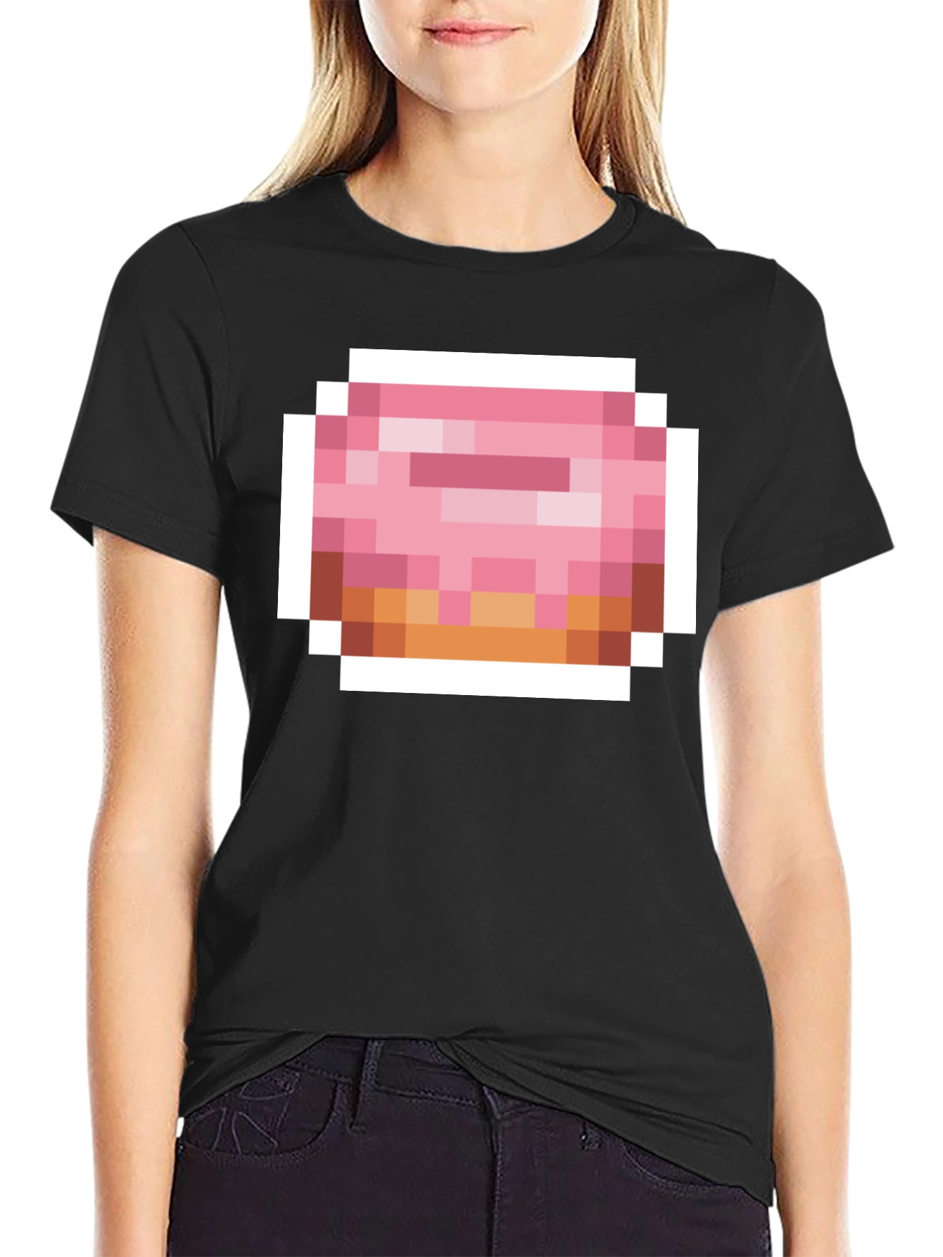 Pixel Donut Graphic Tee - Black Cotton Casual Shirt