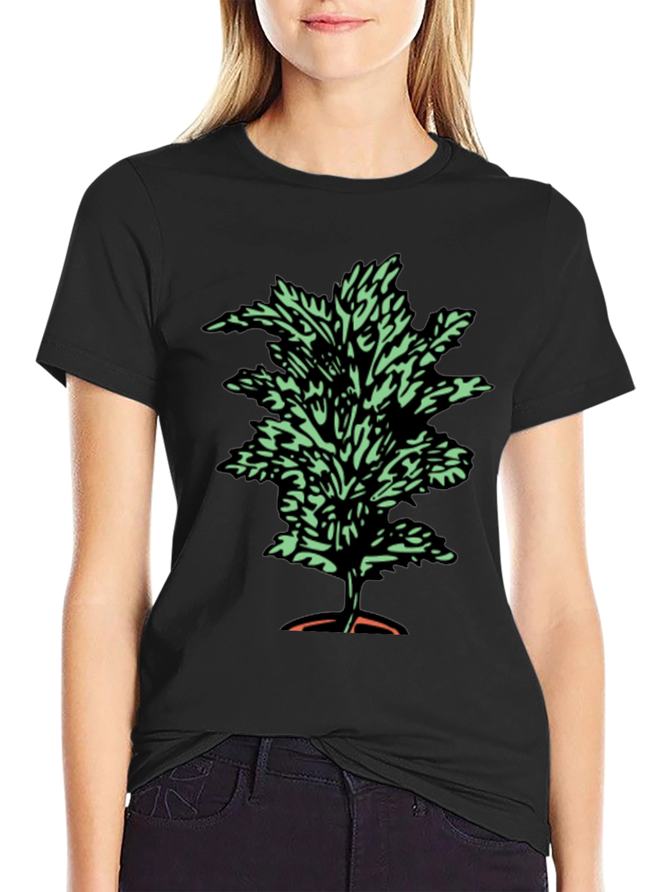 Botanical Print Tee - Black Cotton T-Shirt