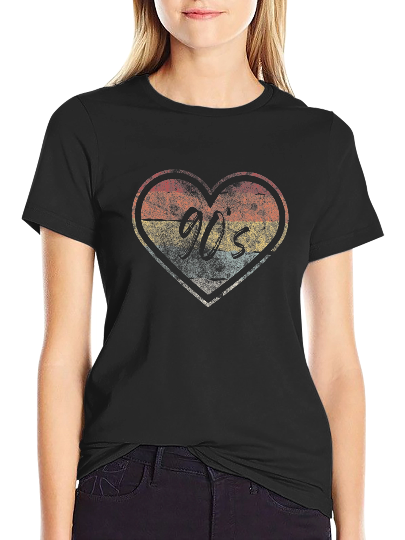 Retro 90s Heart Graphic Tee - Black Cotton Blend