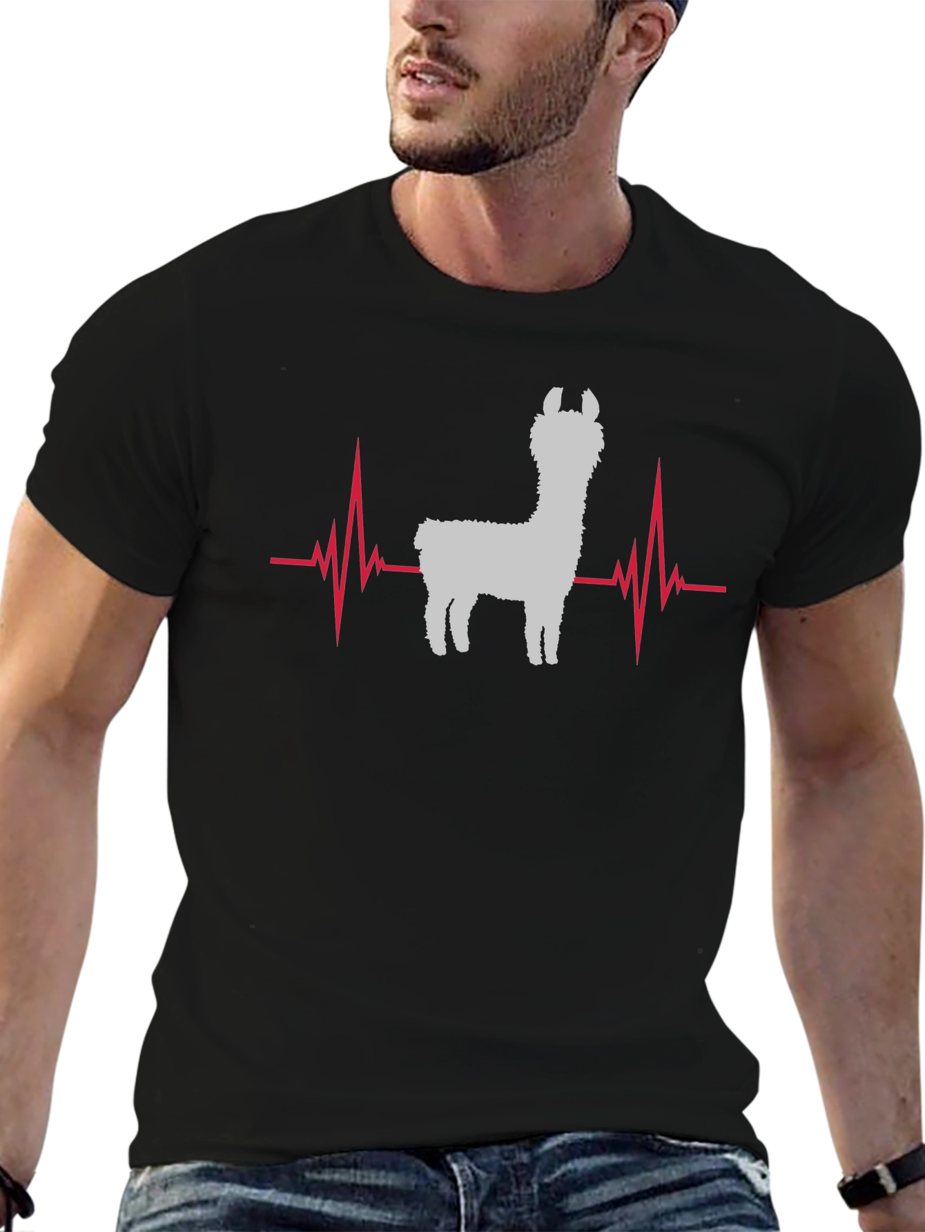 Llama Heartbeat Graphic Tee - Black Cotton T-Shirt