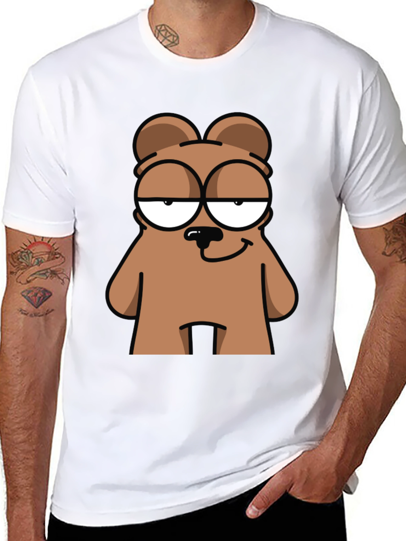 Cartoon Bear Graphic Tee - Black