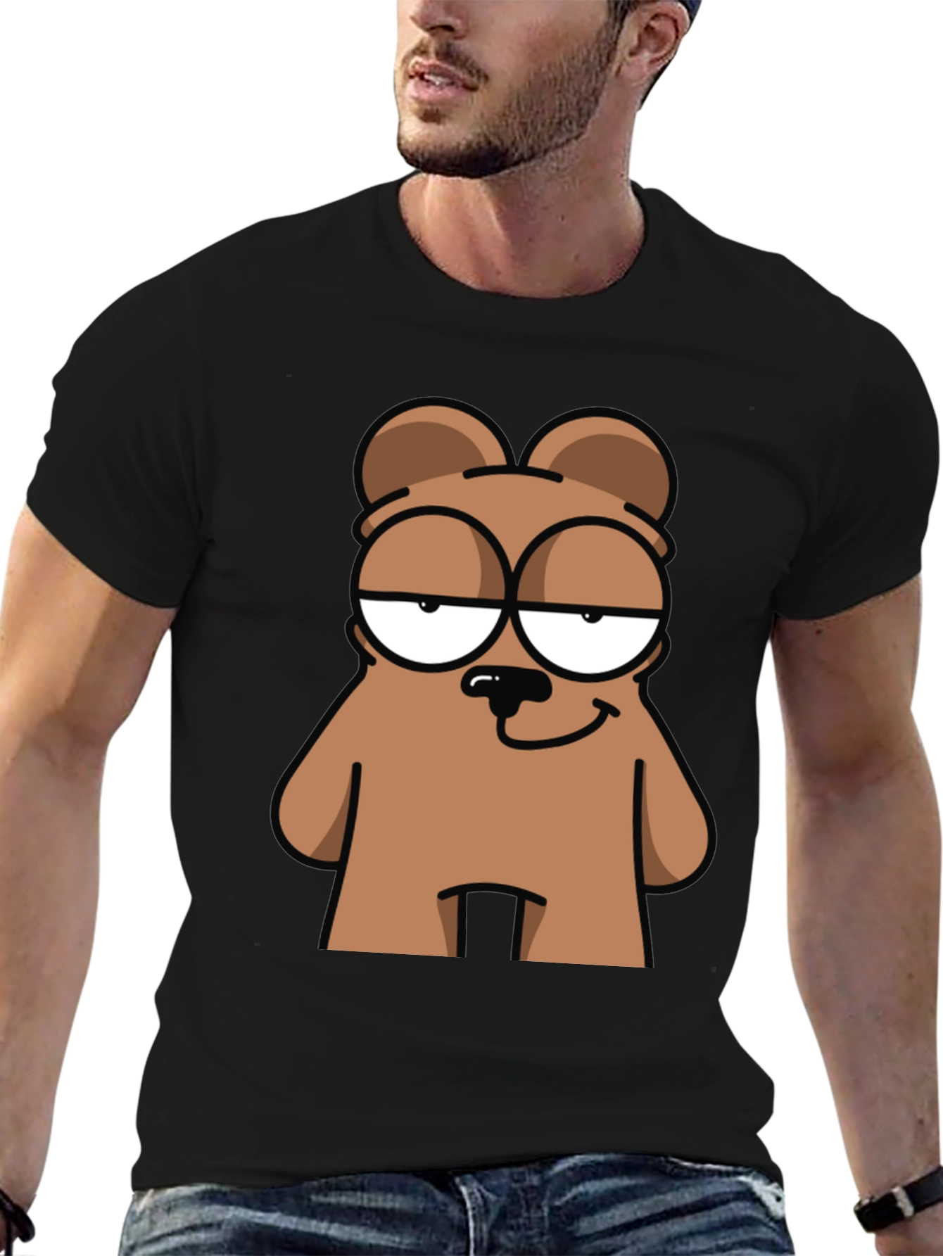 Cartoon Bear Graphic Tee - Black