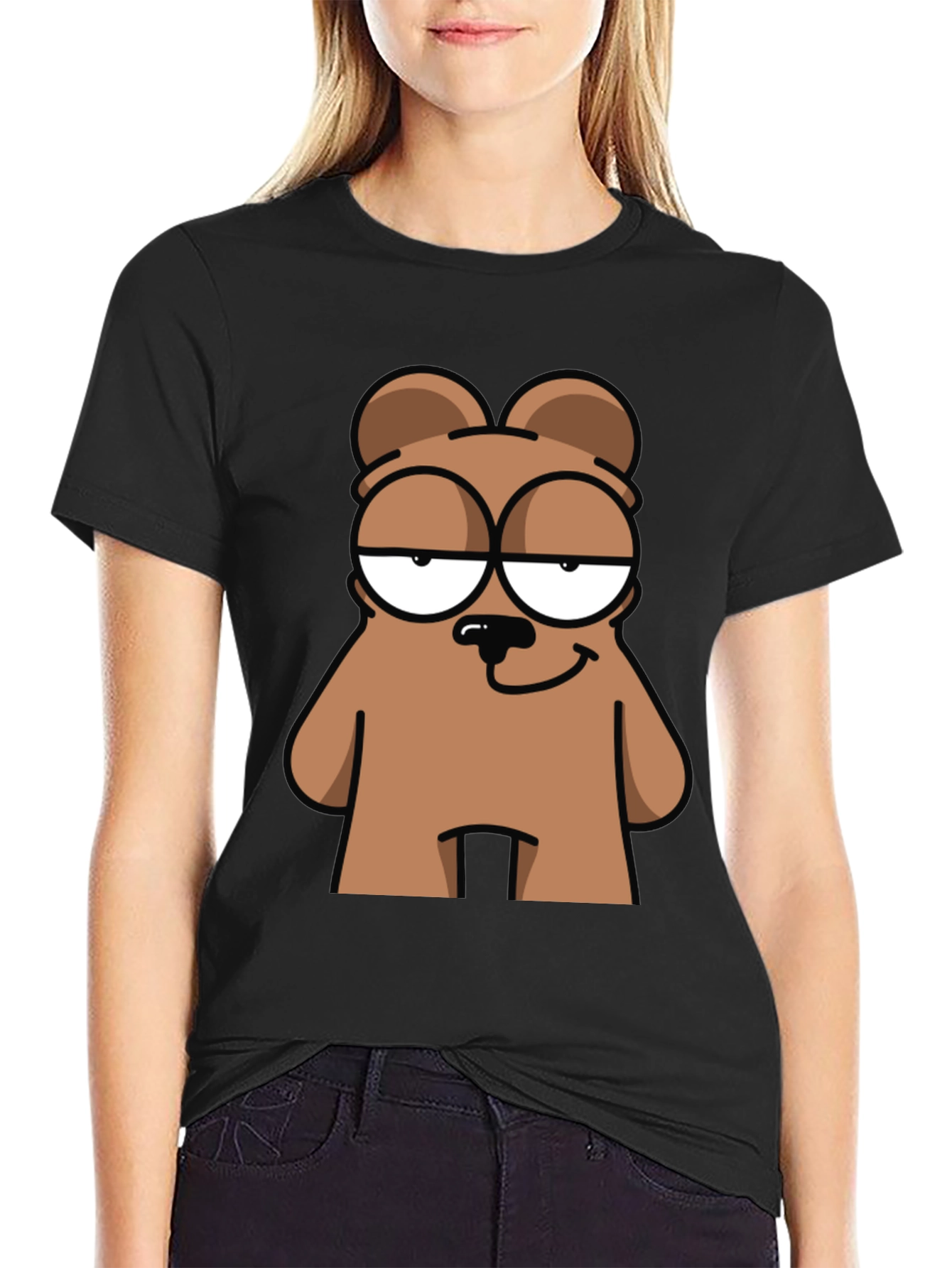Cartoon Bear Graphic Tee - Black