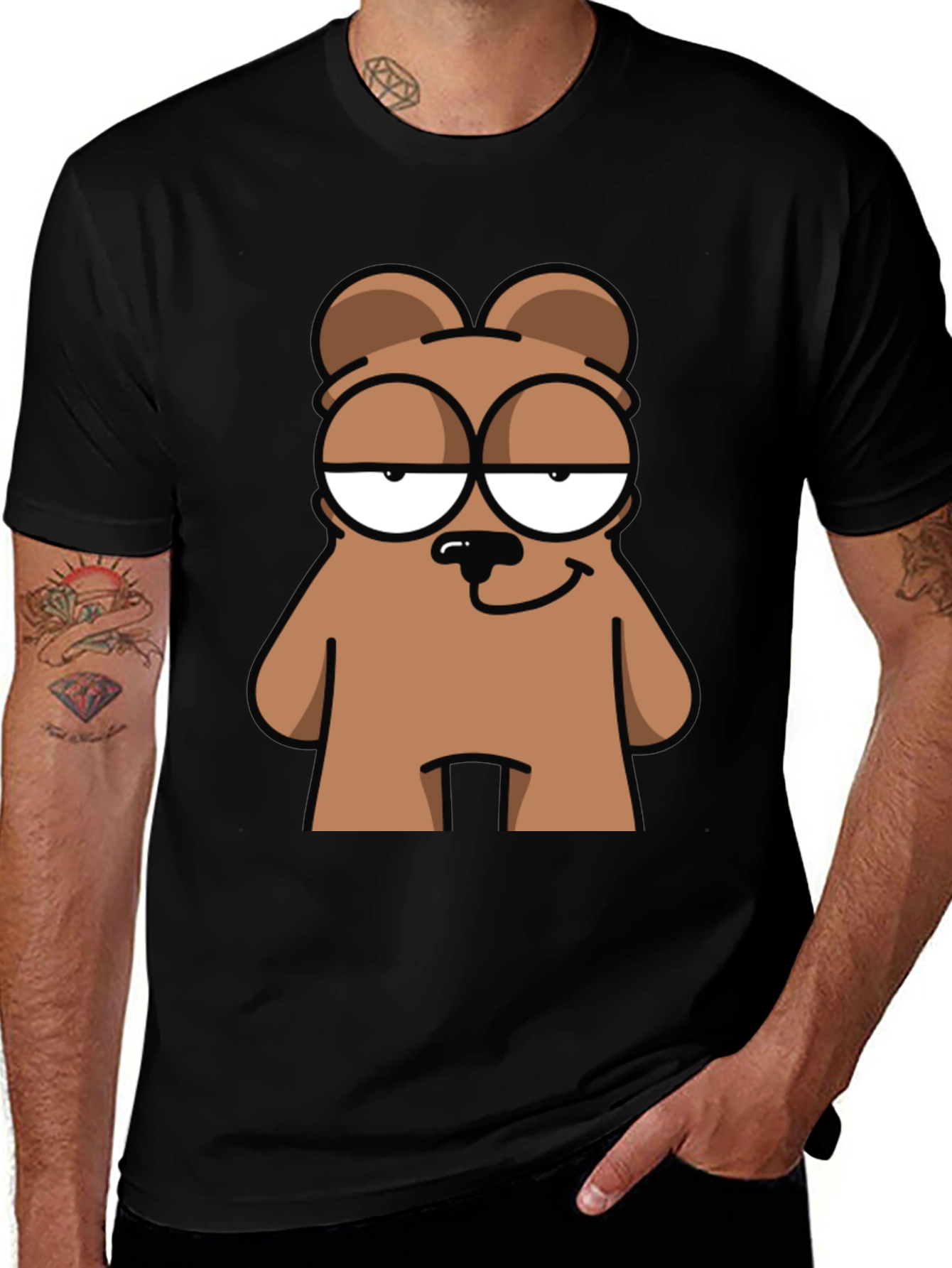 Cartoon Bear Graphic Tee - Black