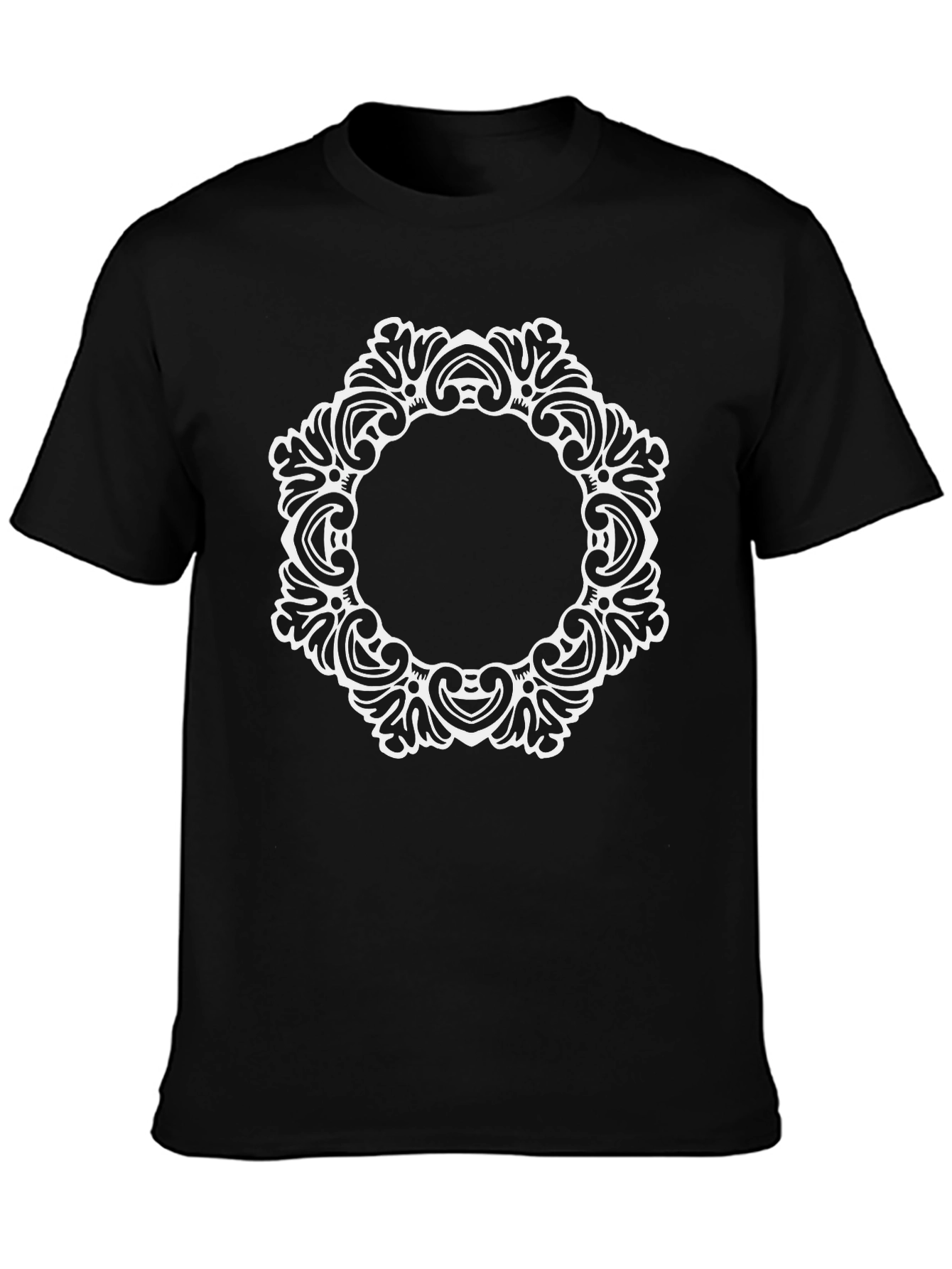 Elegant Black Tee with Ornate White Circle Design