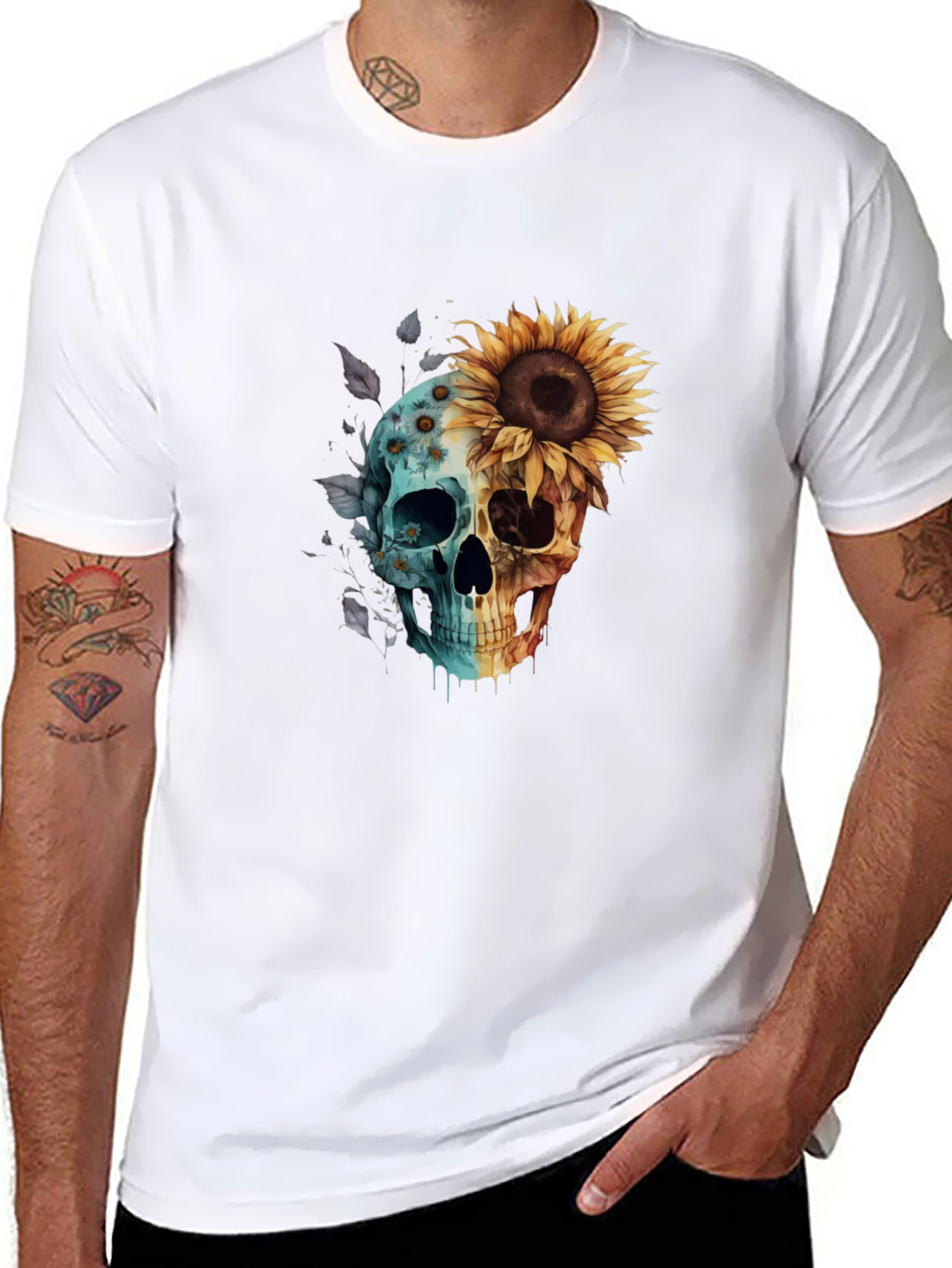 Sunflower Skull Graphic Tee - Mens Black T-Shirt