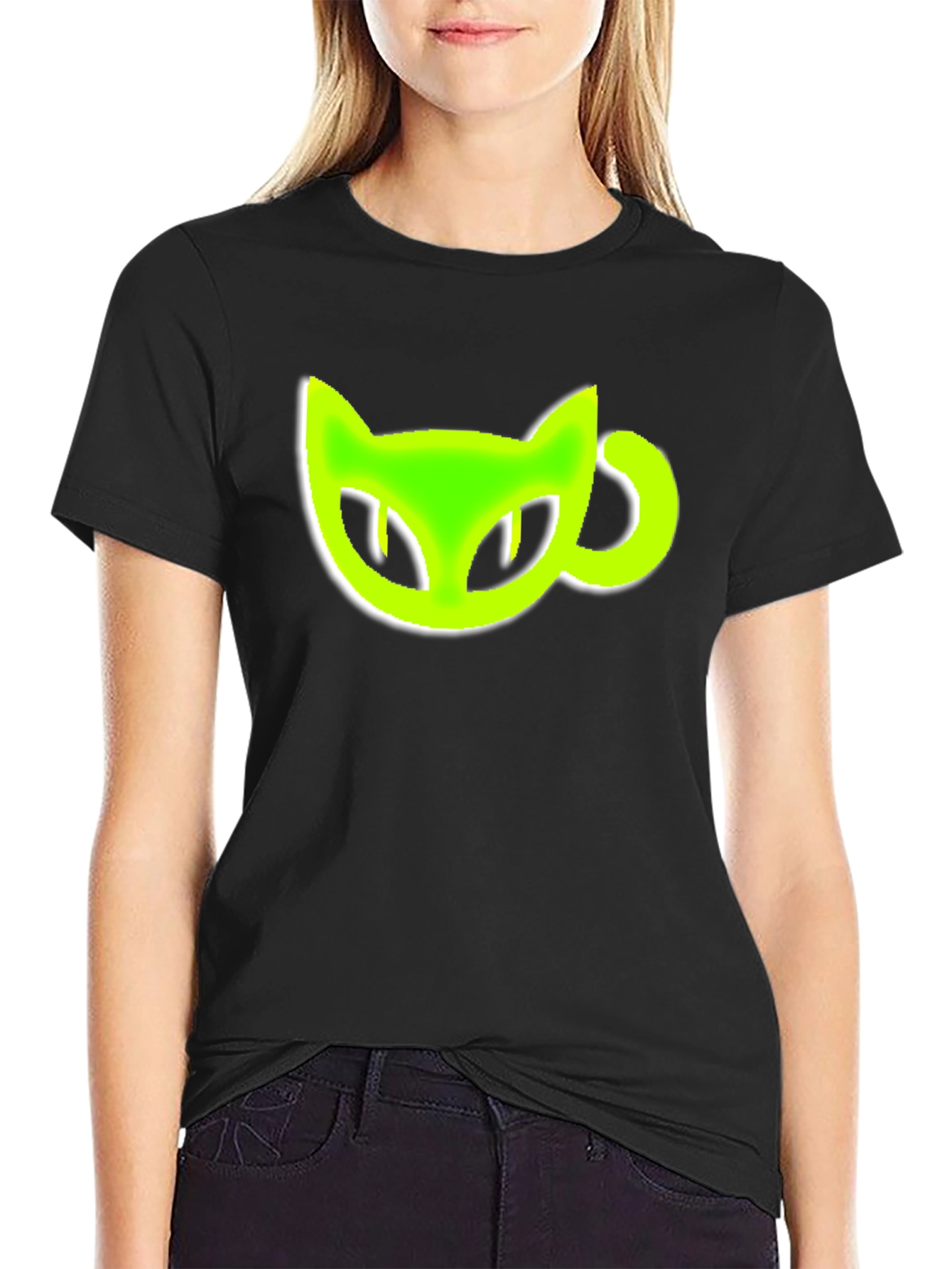 Black T-Shirt with Green Cat-Shaped Coffee Mug