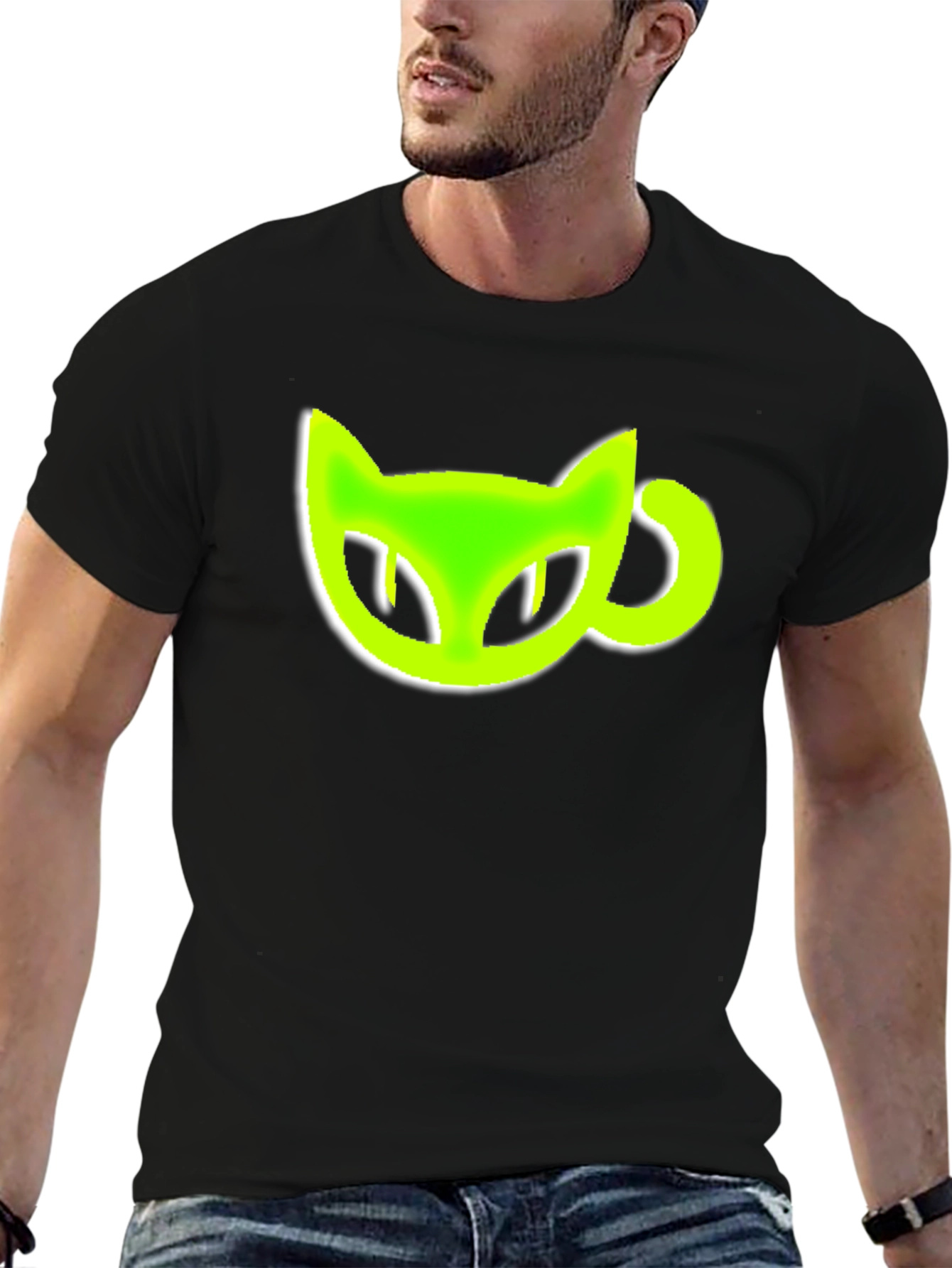 Black T-Shirt with Green Cat-Shaped Coffee Mug