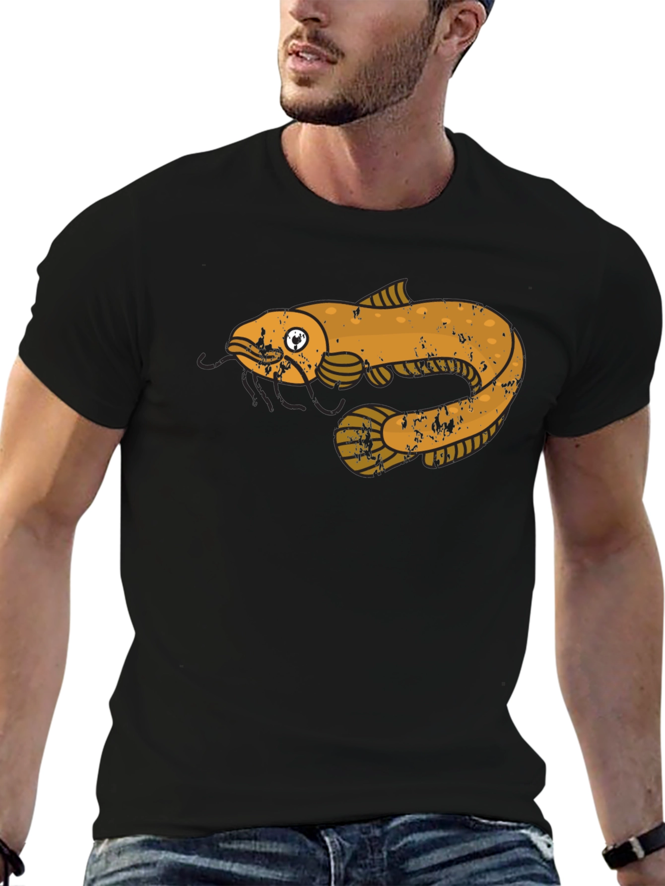 Black T-Shirt with Cartoon Fish Graphic