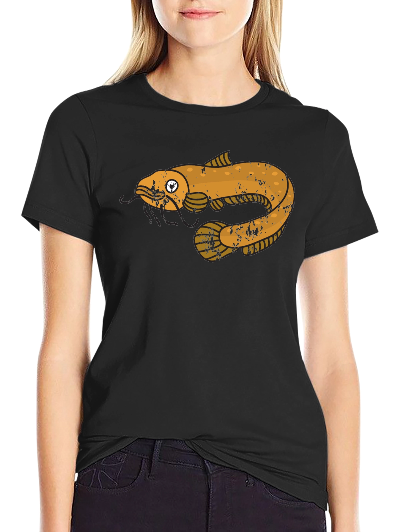 Black T-Shirt with Cartoon Fish Graphic