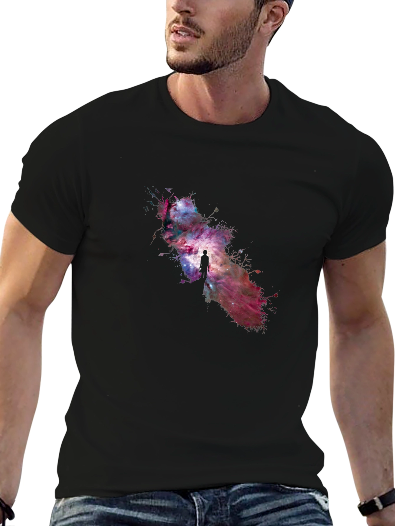 Cosmic Journey Black T-Shirt - Galaxy Design