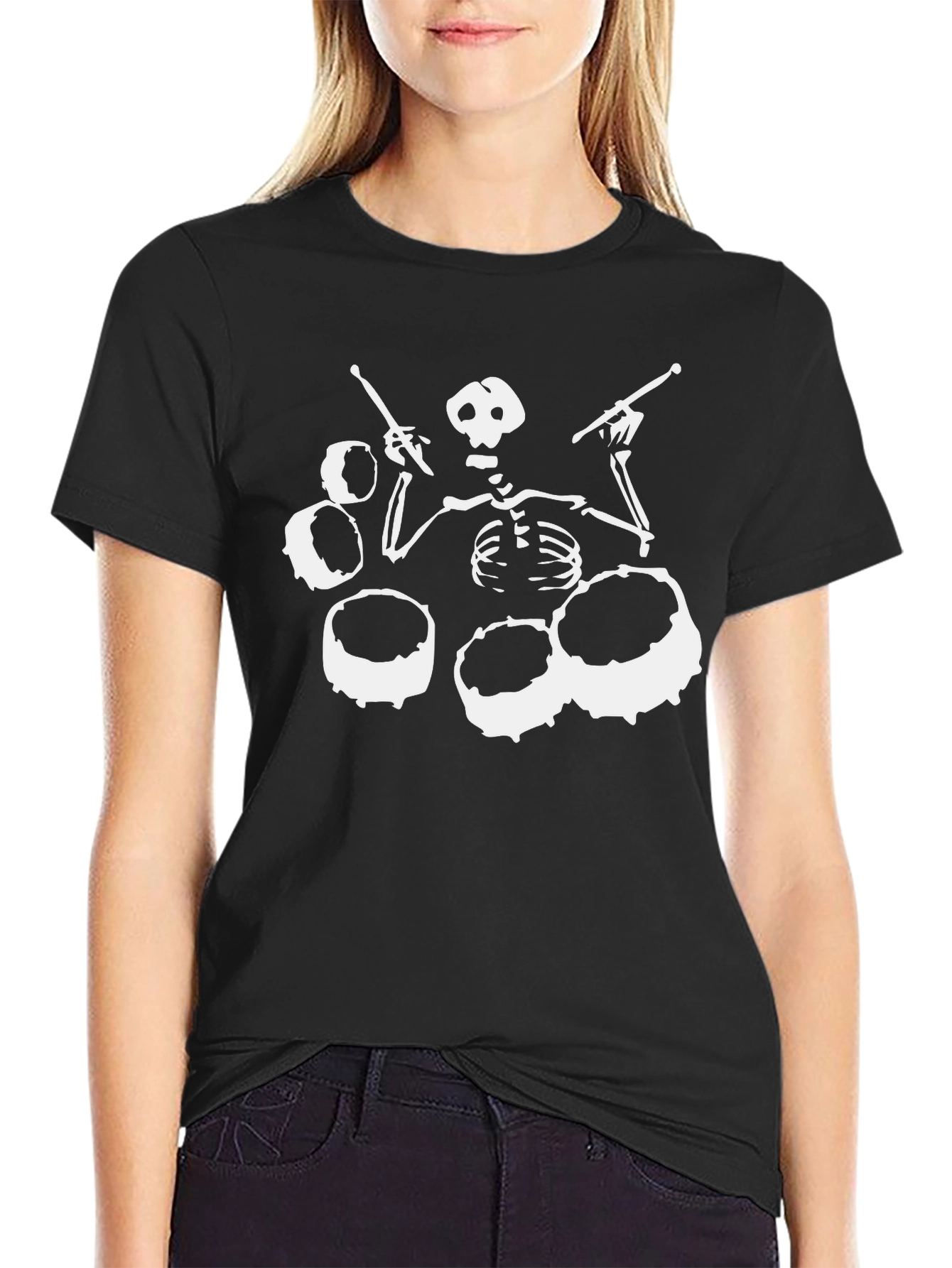Skeleton Drummer Black T-Shirt - Rock Band Tee