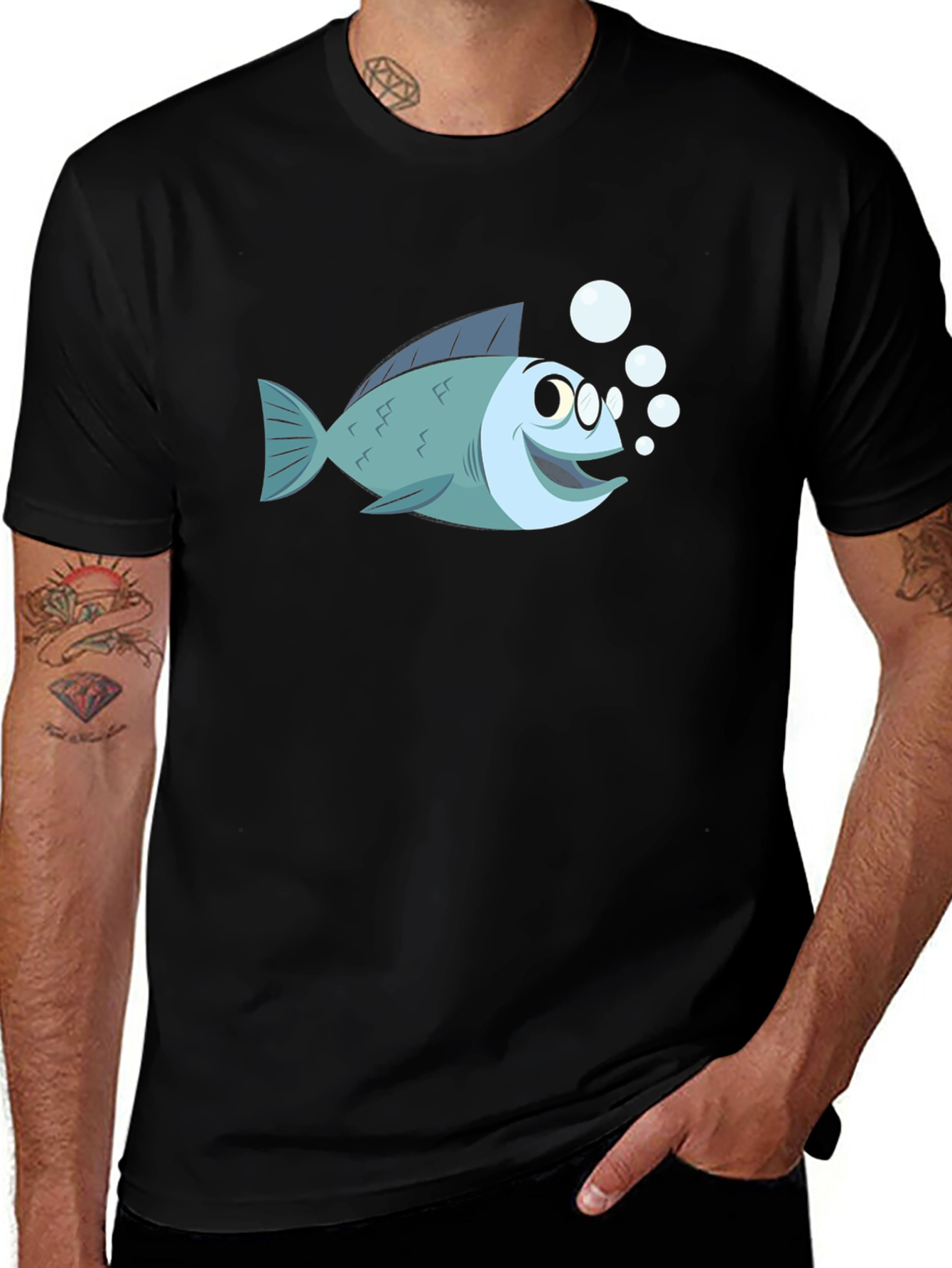 Cartoon Fish T-Shirt - Black Cotton Tee