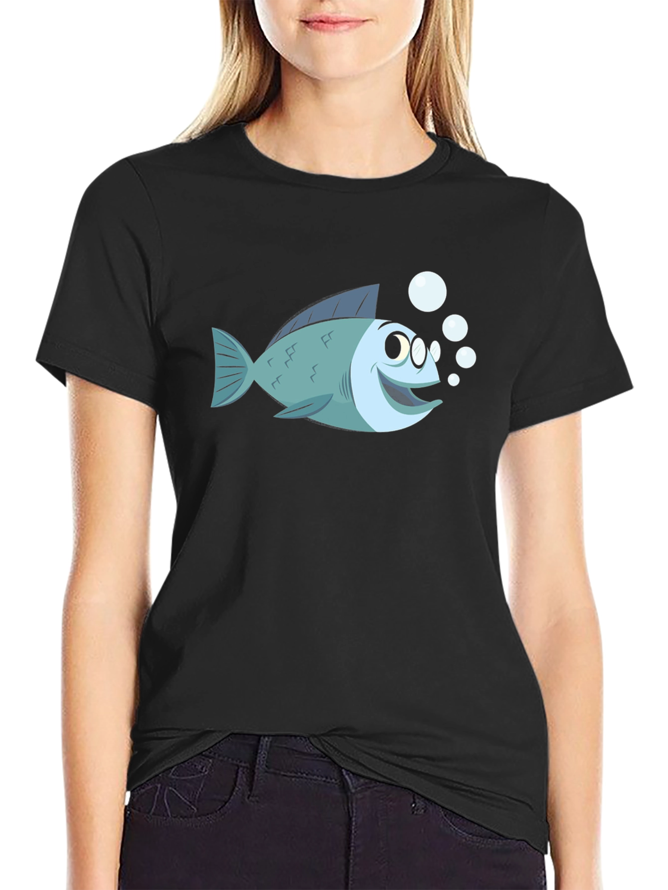 Cartoon Fish T-Shirt - Black Cotton Tee