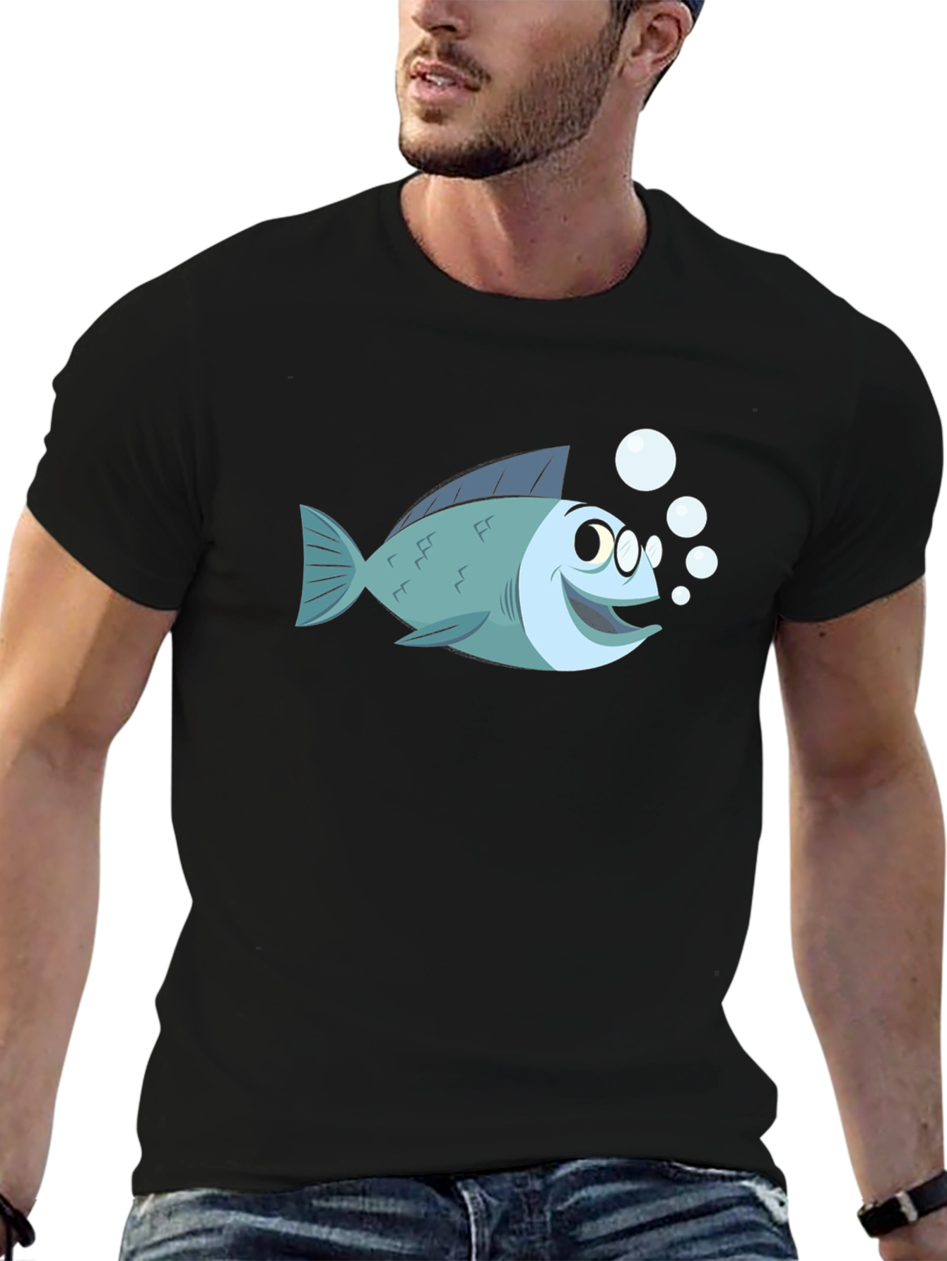 Cartoon Fish T-Shirt - Black Cotton Tee