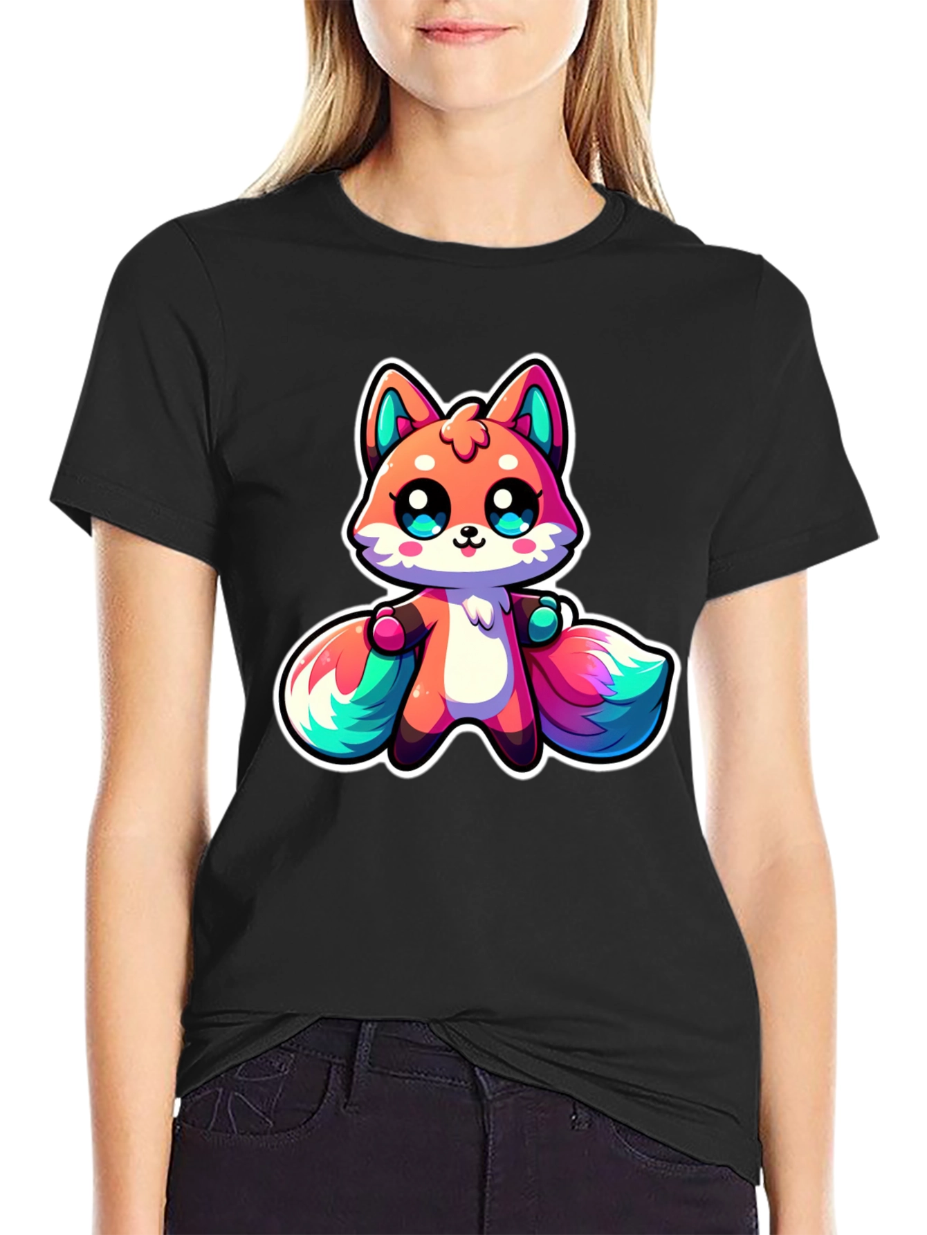 Cute Cartoon Fox Black T-Shirt