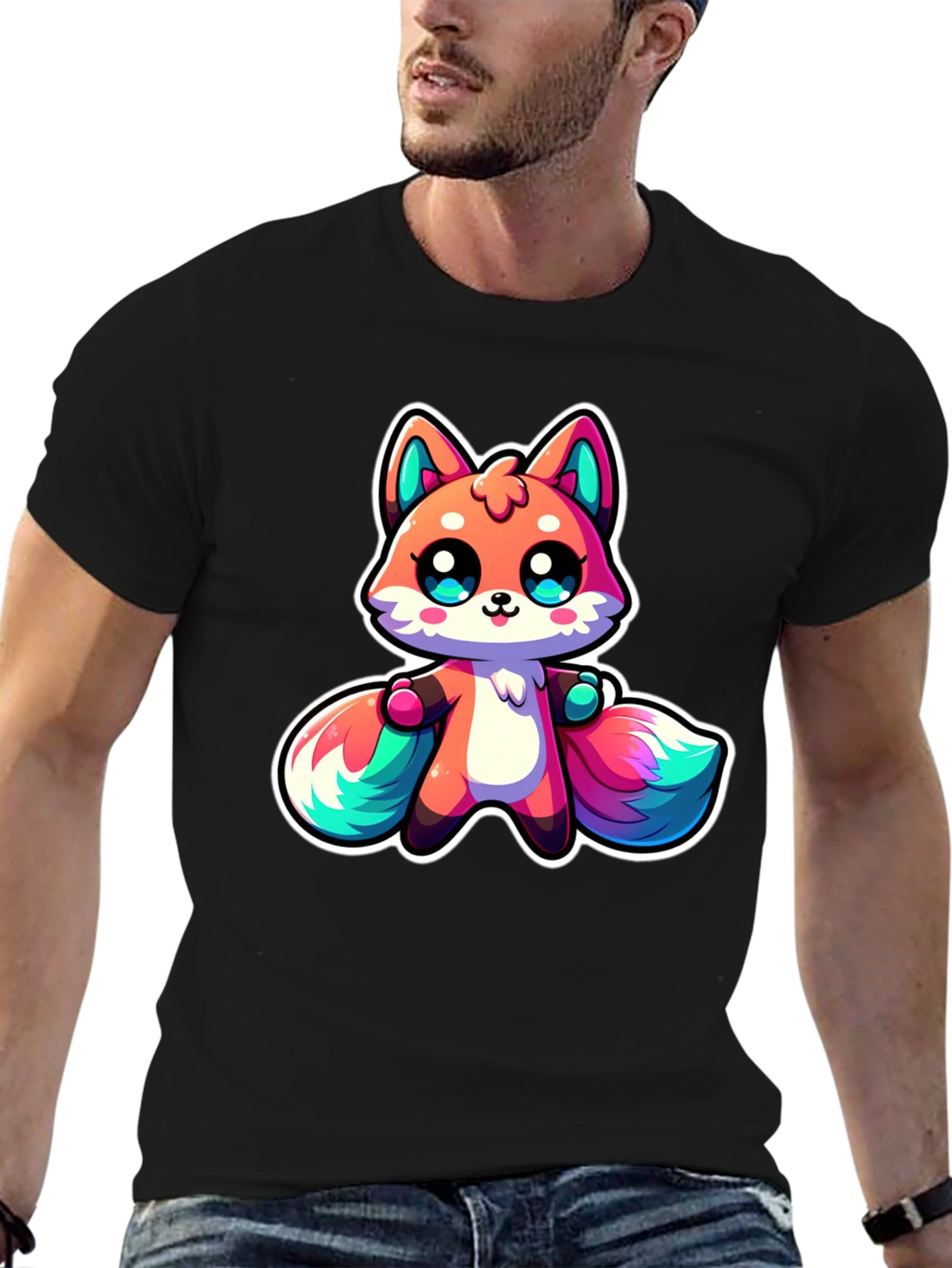 Cute Cartoon Fox Black T-Shirt
