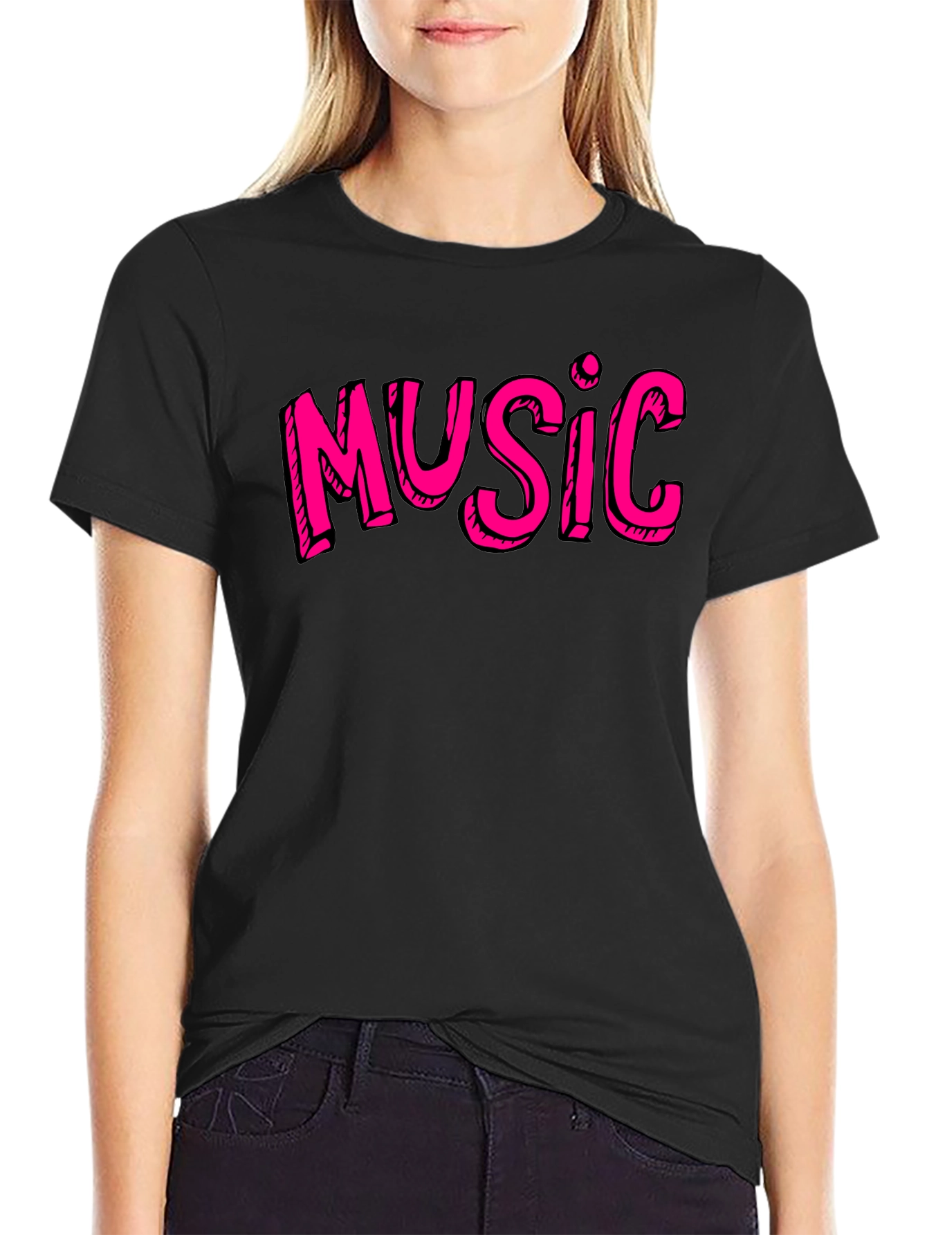 Music Graphic Tee - Black Cotton Short Sleeve