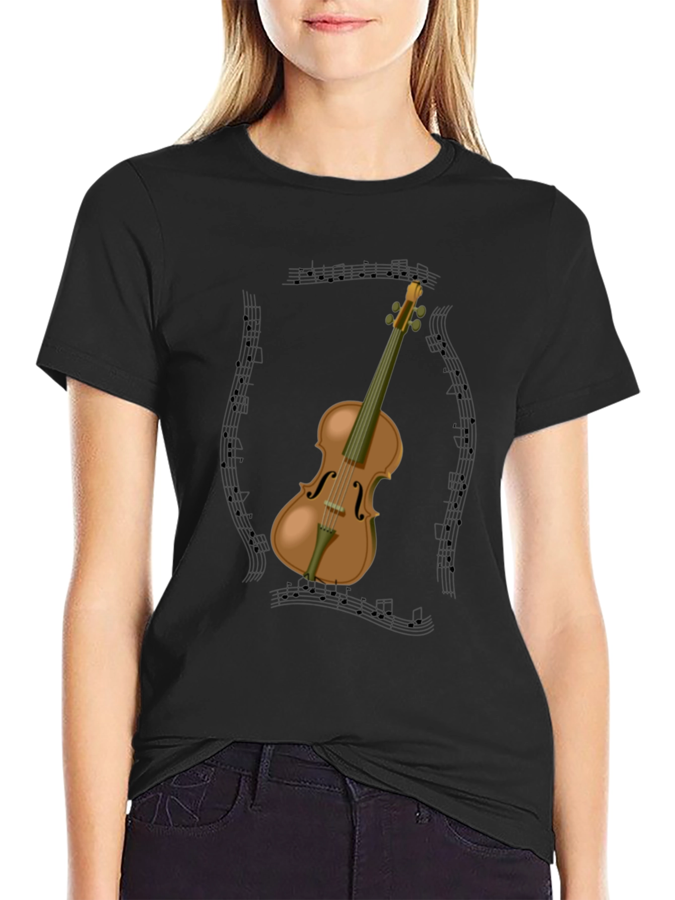 Musical Violin Graphic Tee - Black Cotton T-Shirt