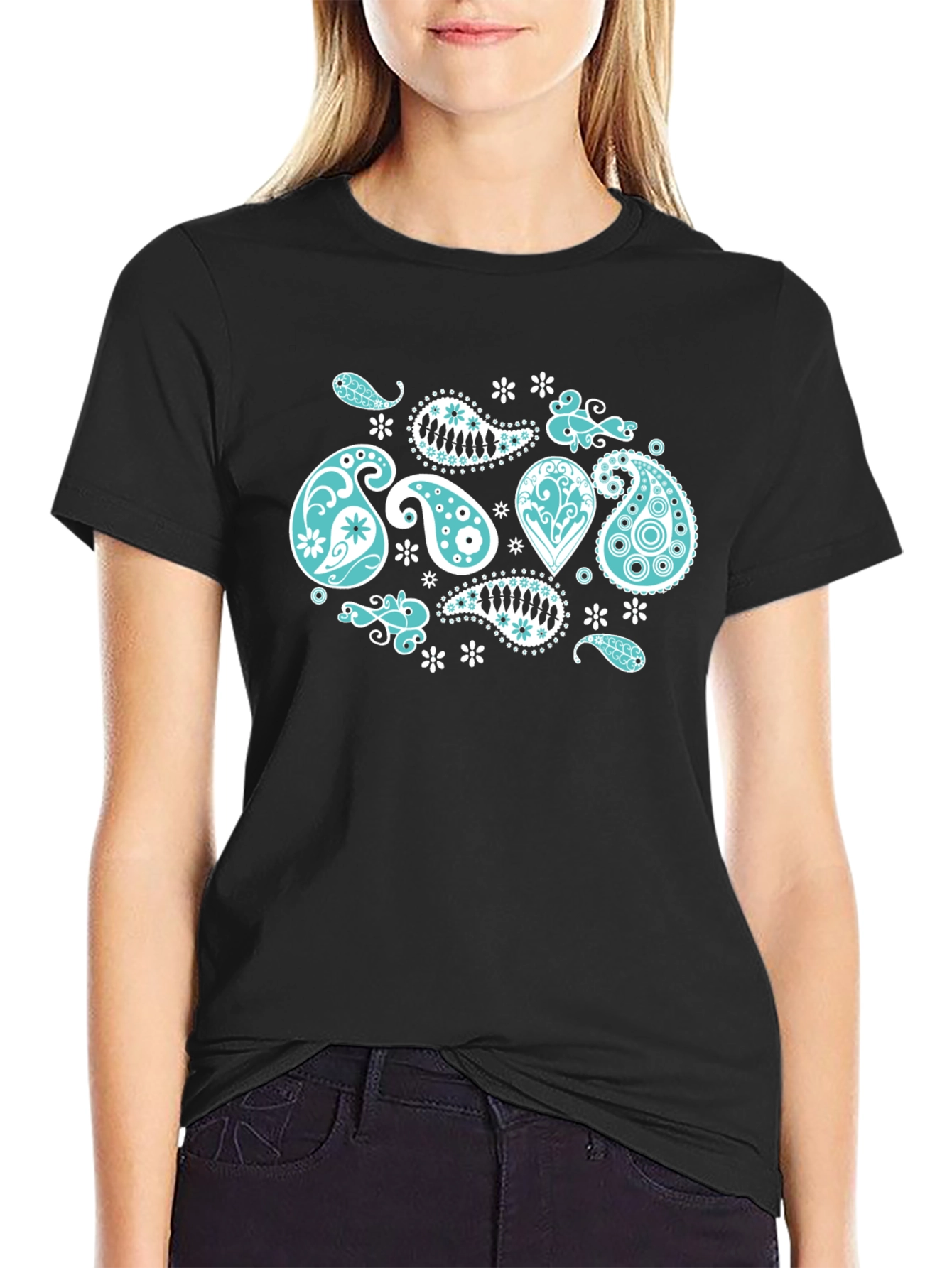 Black Tee with Turquoise Paisley Design