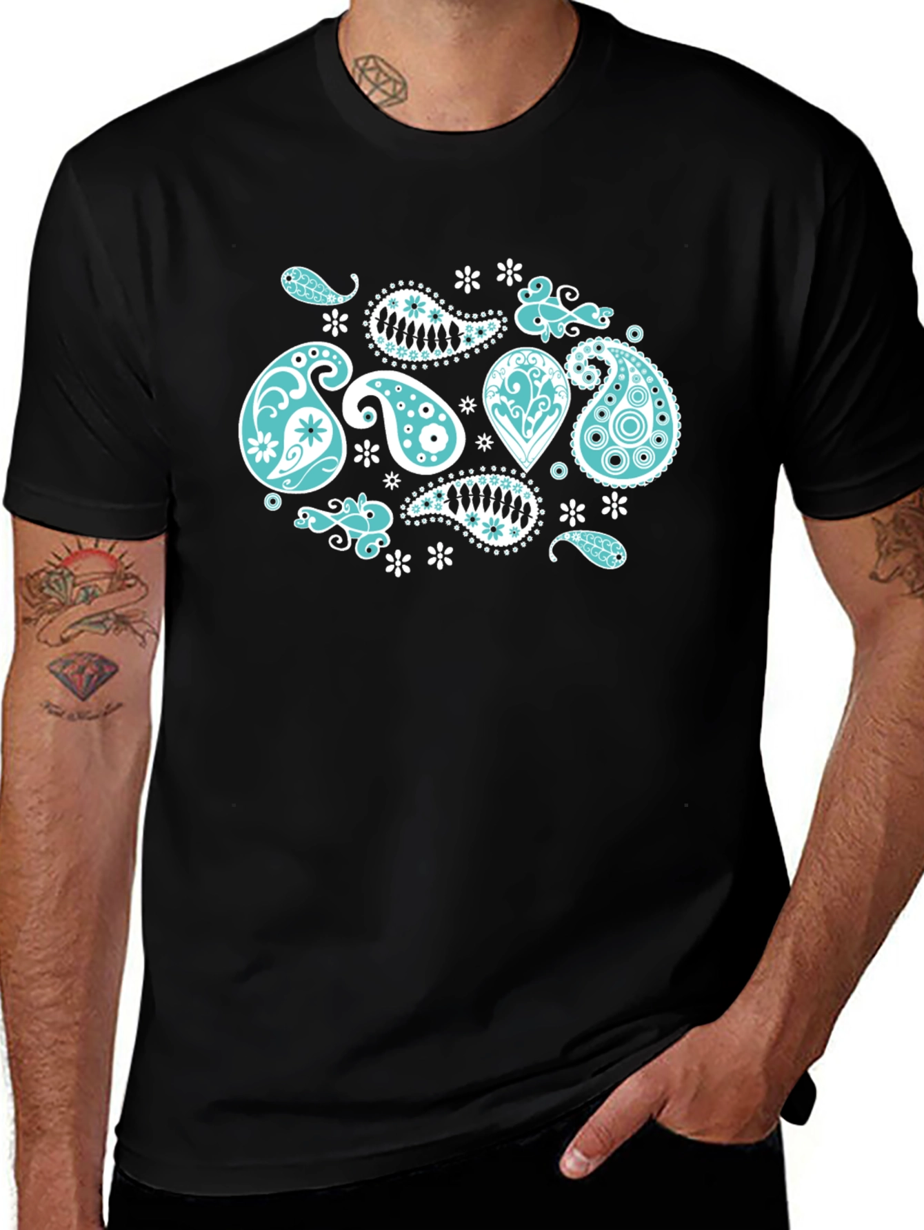 Black Tee with Turquoise Paisley Design