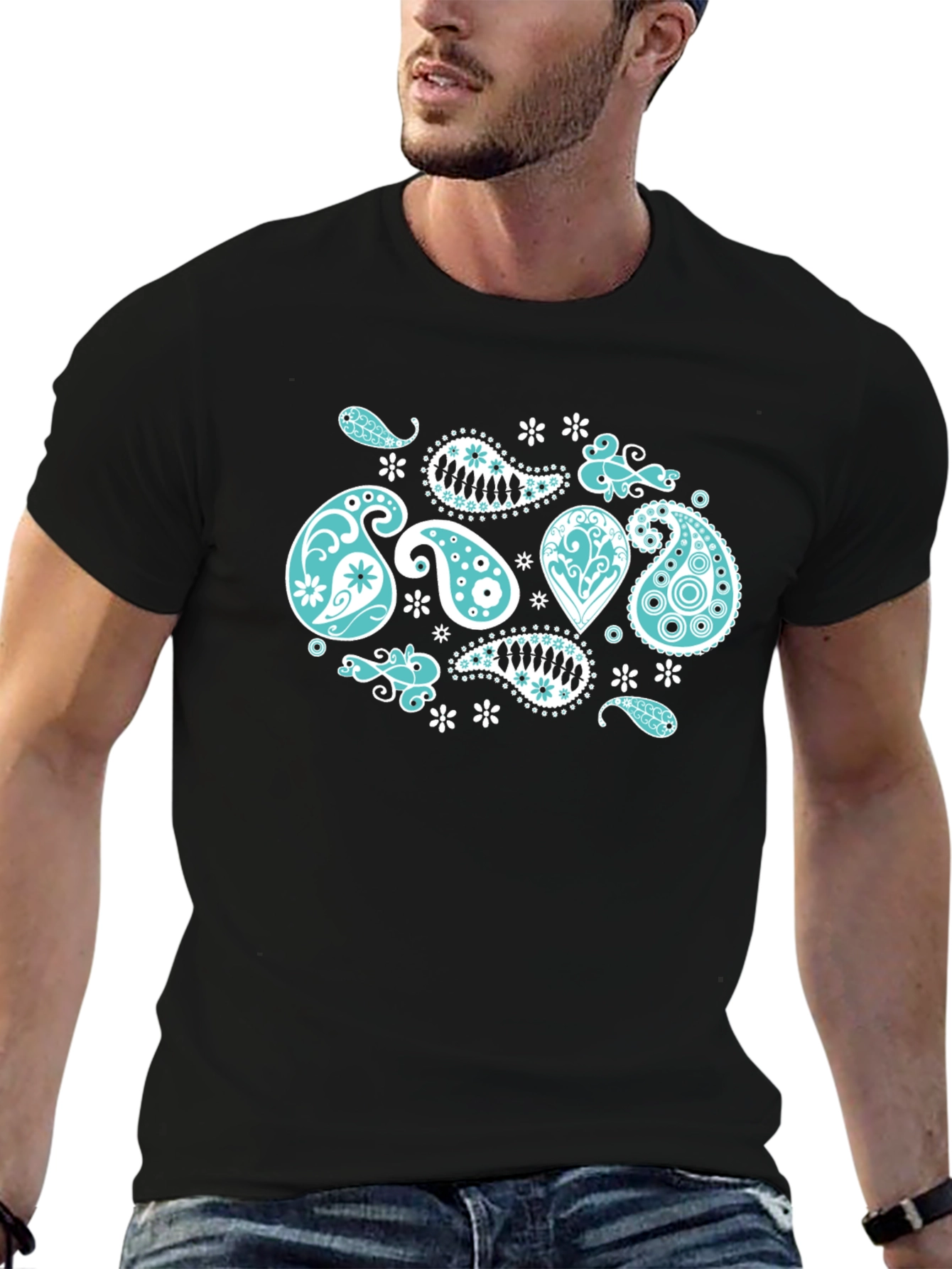 Black Tee with Turquoise Paisley Design