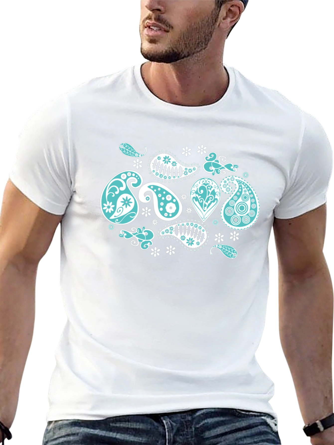Black Tee with Turquoise Paisley Design