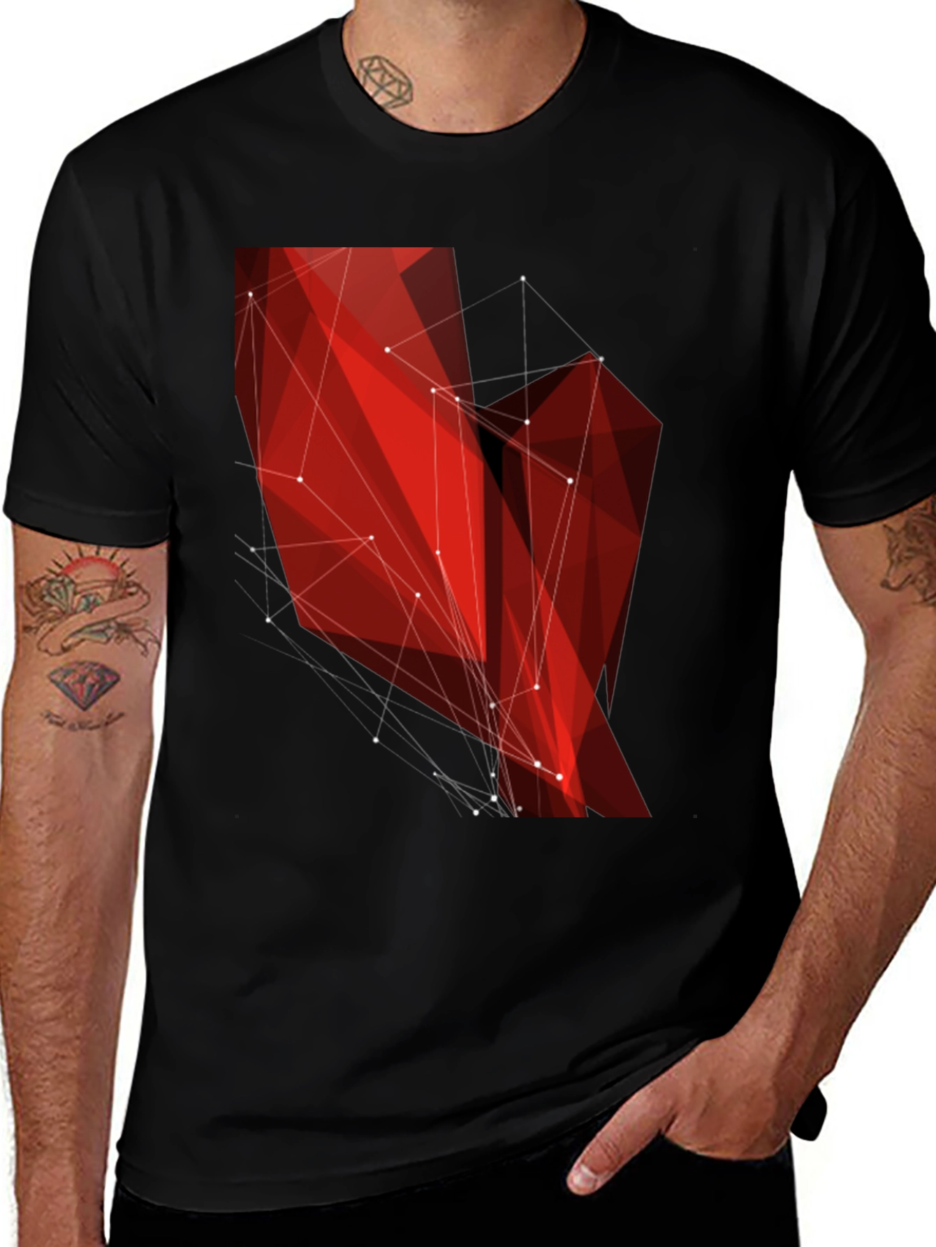 Geometric Red Polygon Black T-Shirt