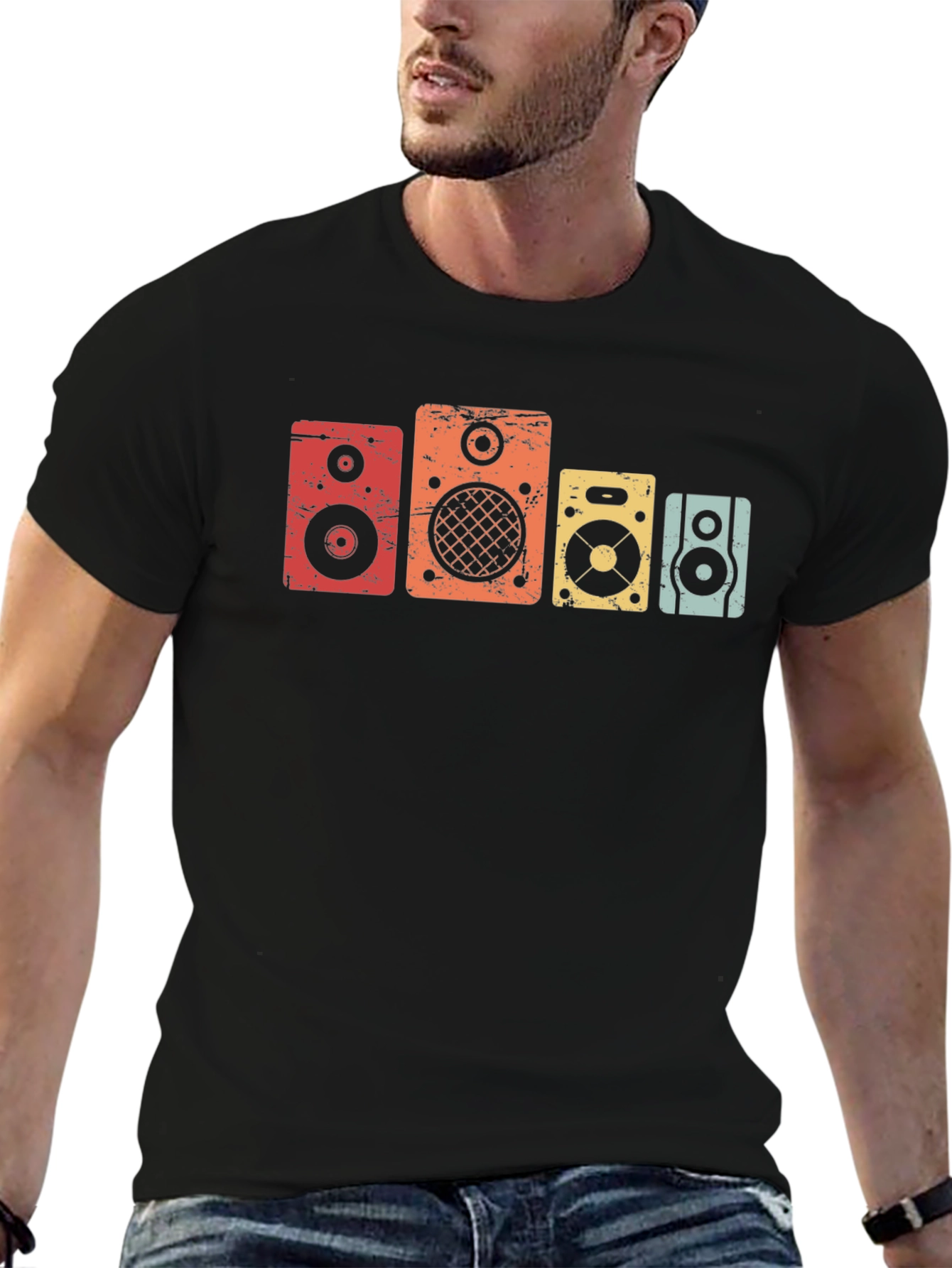 Retro Speaker Graphic Tee - Black Cotton T-Shirt