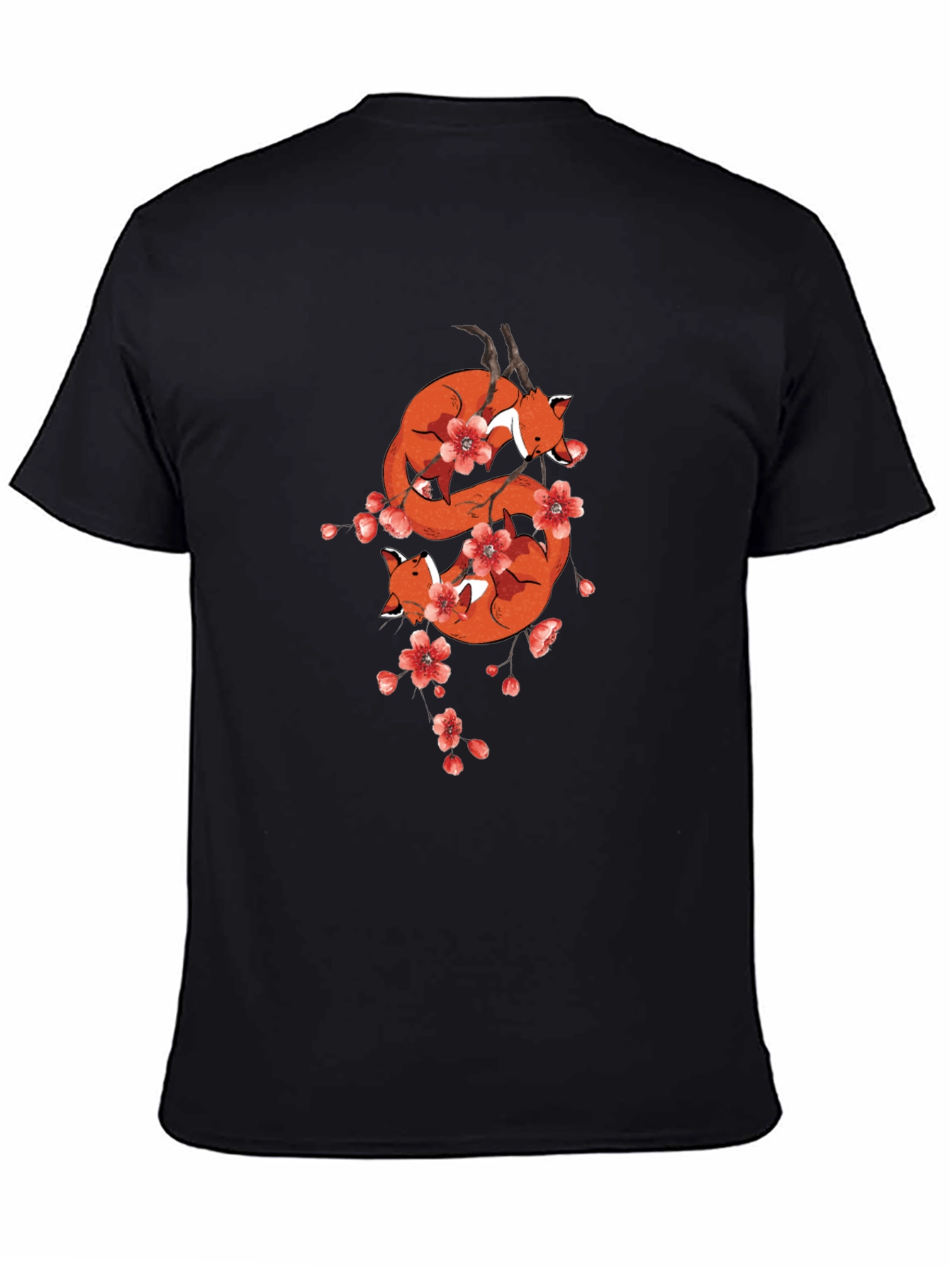 Fox & Cherry Blossom Black T-Shirt