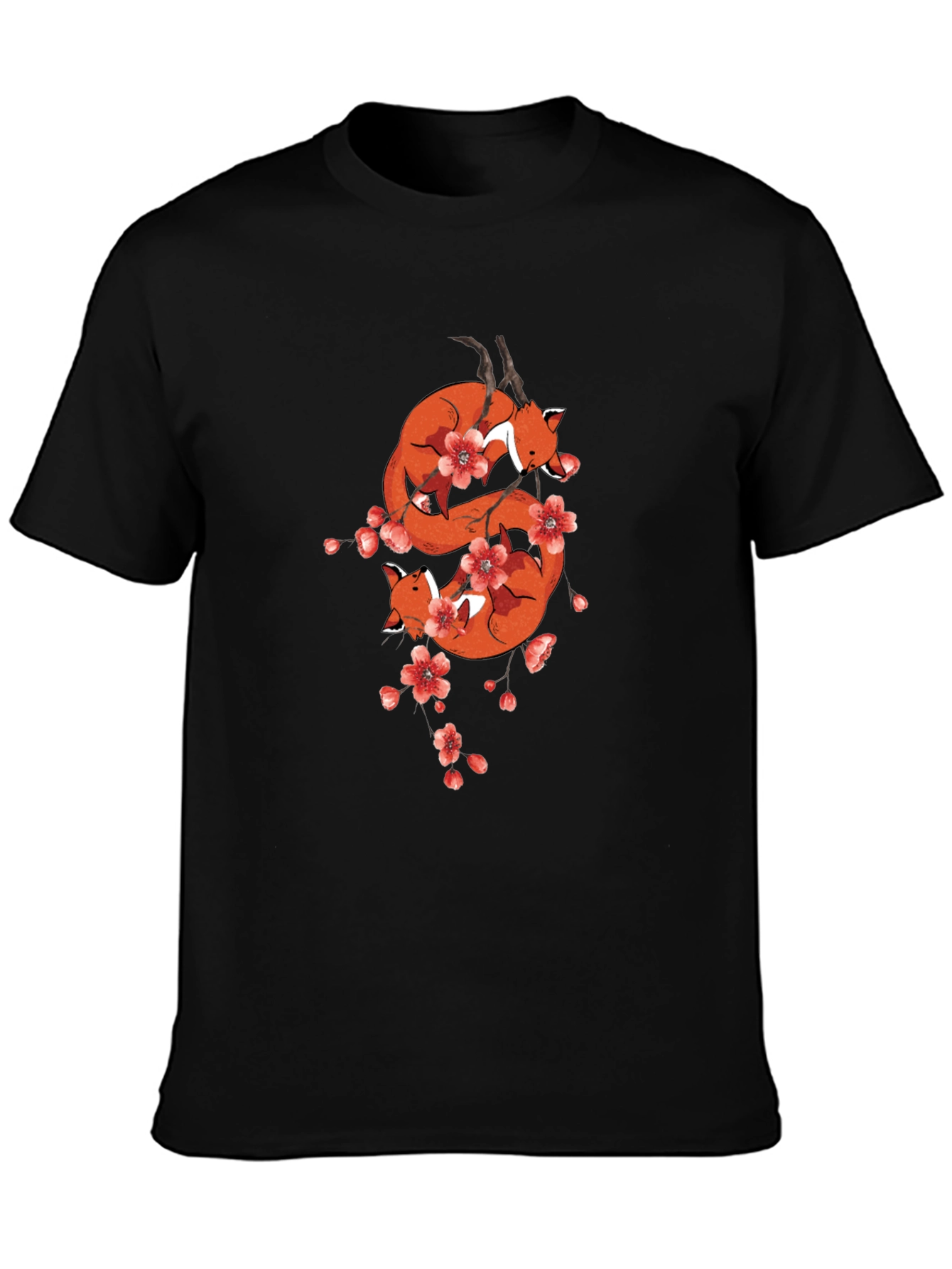 Fox & Cherry Blossom Black T-Shirt