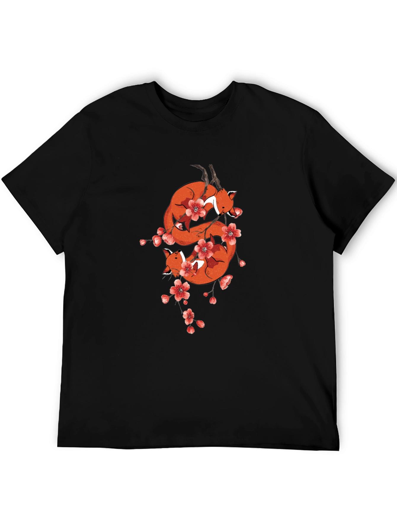 Fox & Cherry Blossom Black T-Shirt
