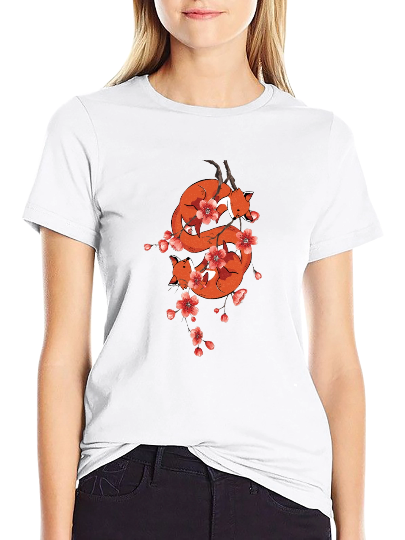 Fox & Cherry Blossom Black T-Shirt