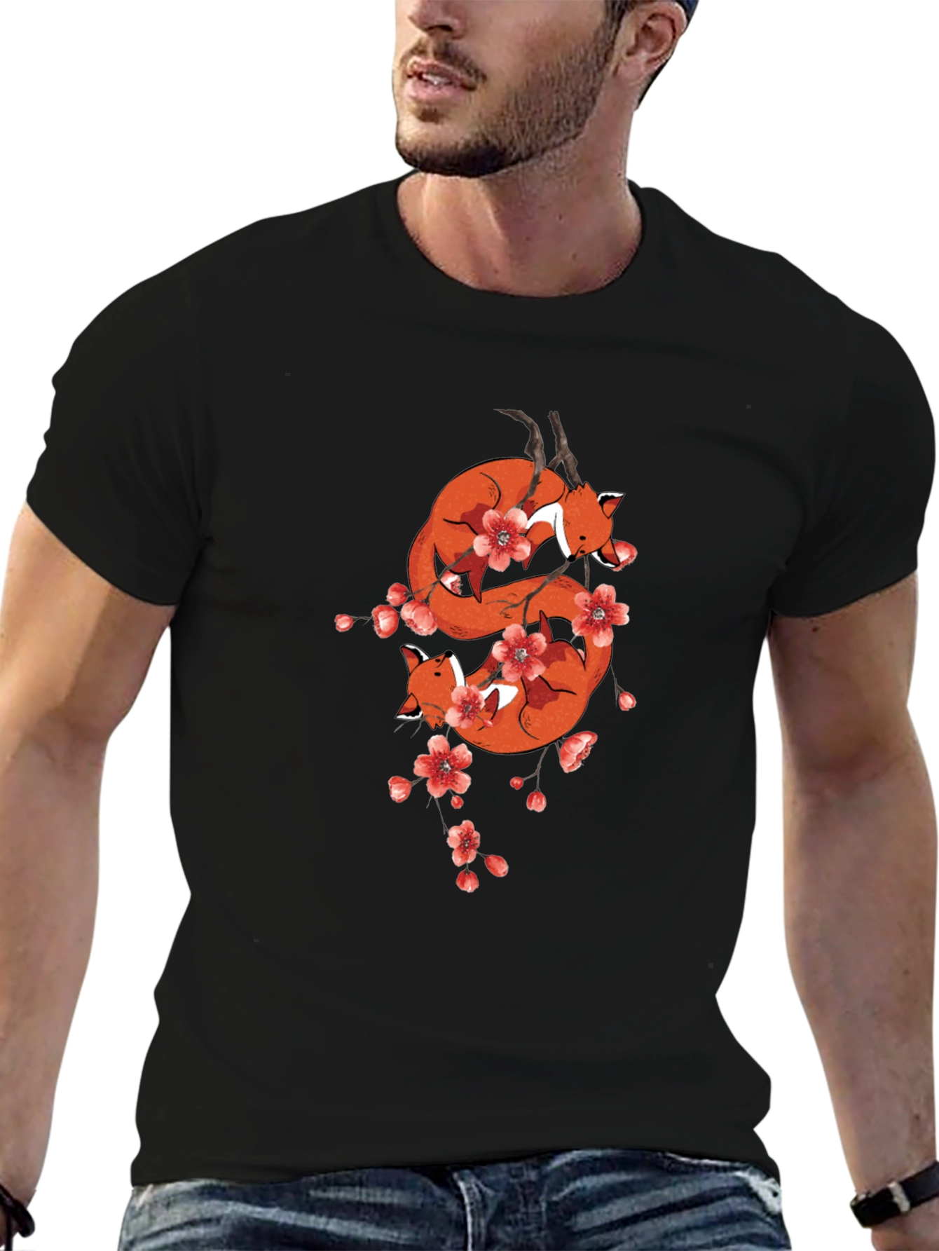 Fox & Cherry Blossom Black T-Shirt