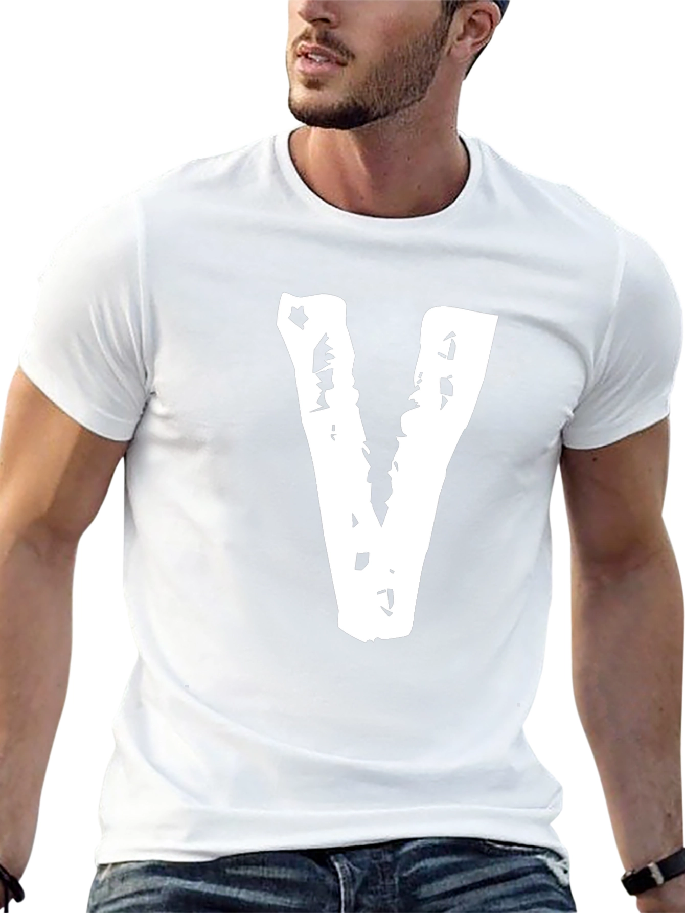 Black Tee with Distressed White V