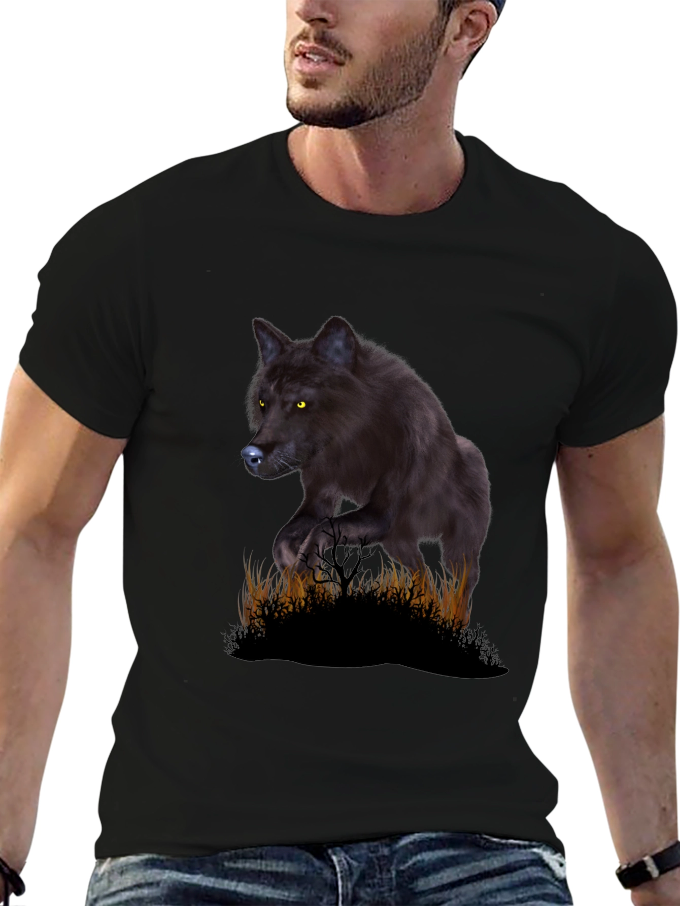 Black Wolf Graphic Tee - Mens Crew Neck T-Shirt
