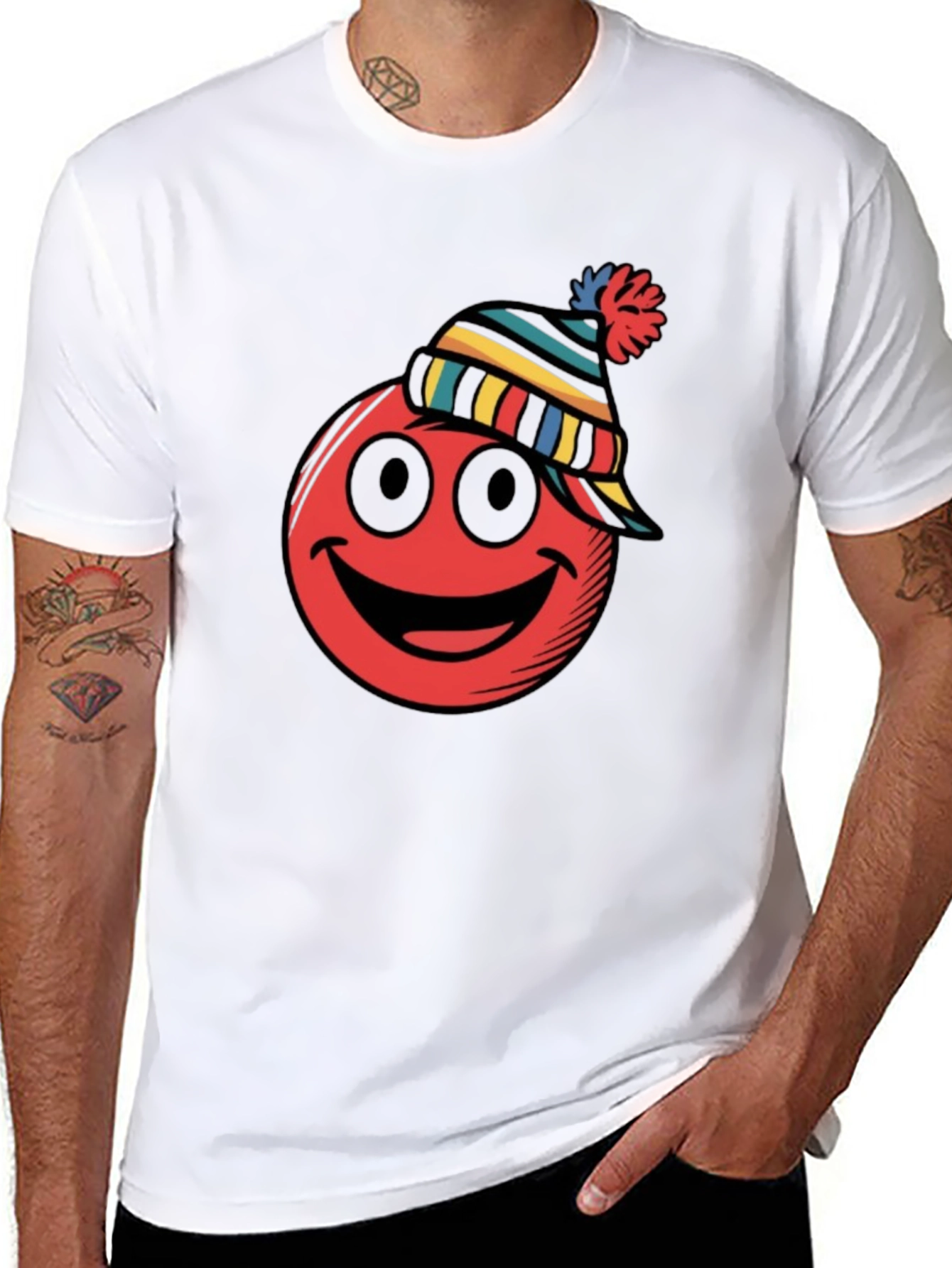 Red Smiley Face Winter Hat Graphic Tee