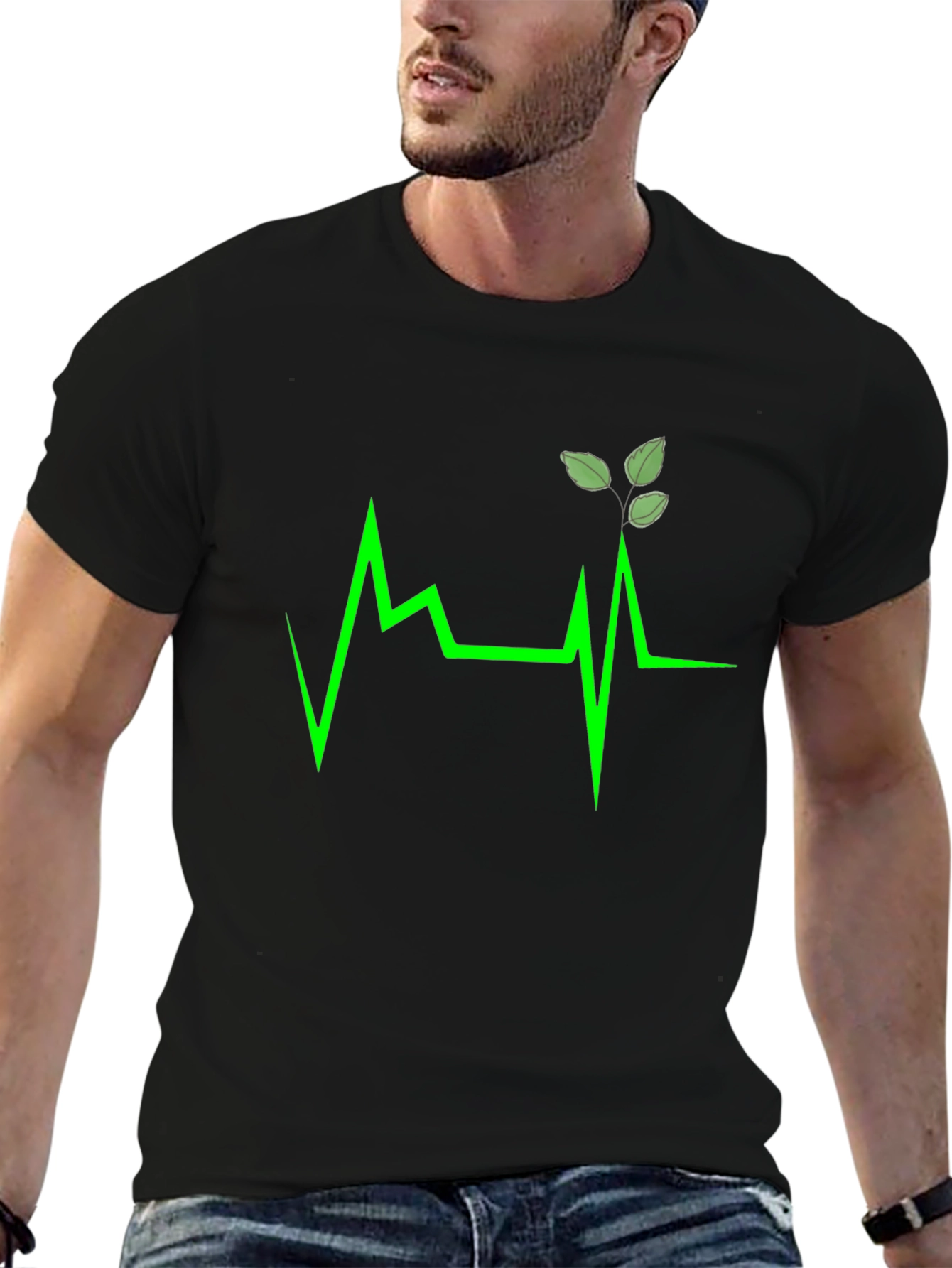 Green Heartbeat Leaf Design T-Shirt