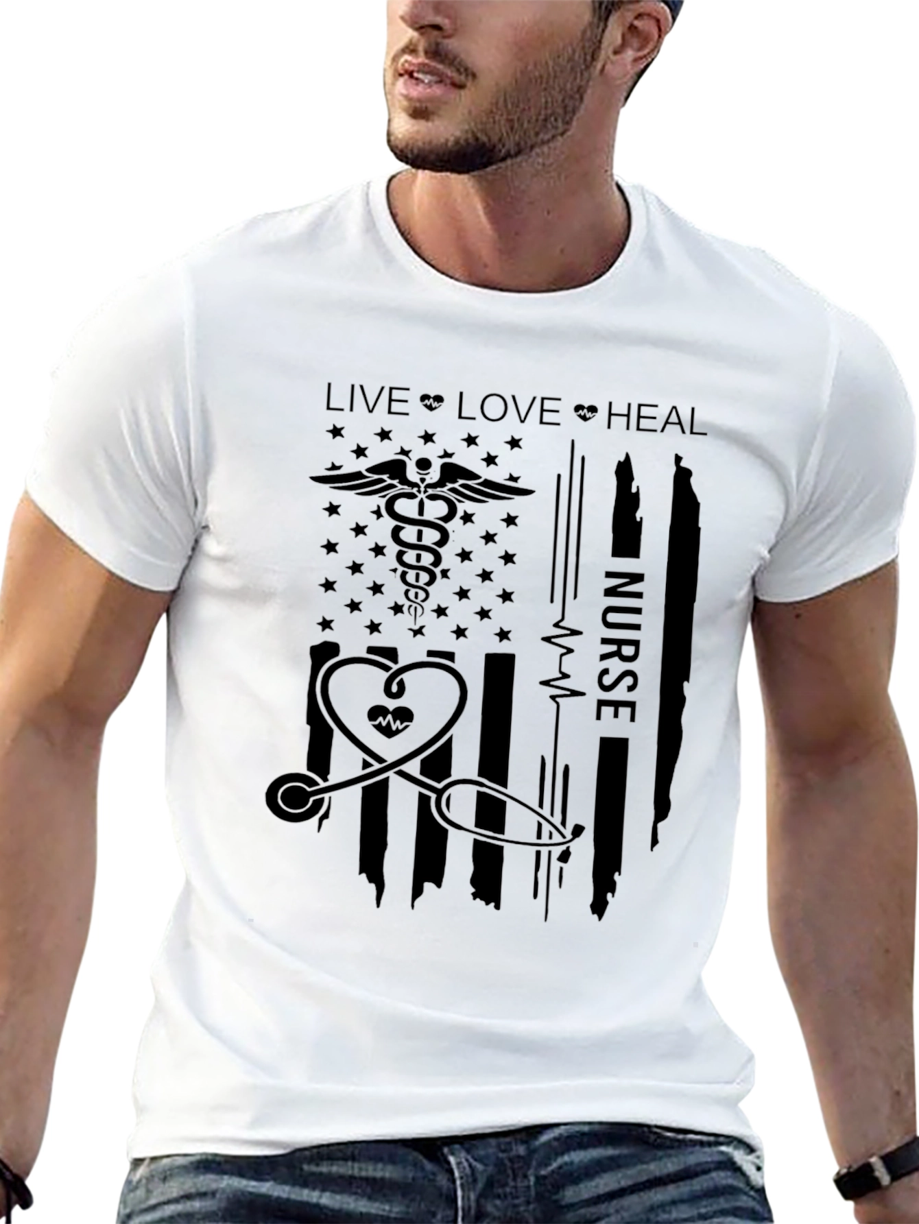 Nurse American Flag T-Shirt - Live Love Heal