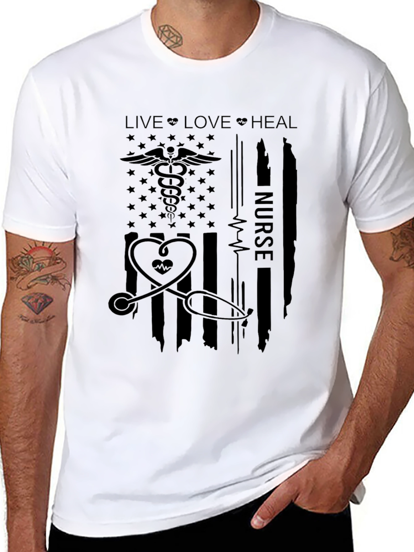 Nurse American Flag T-Shirt - Live Love Heal