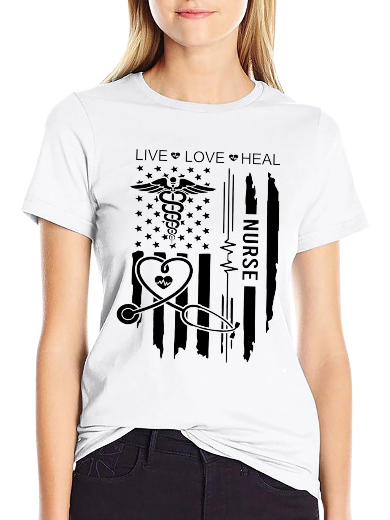 Nurse American Flag T-Shirt - Live Love Heal