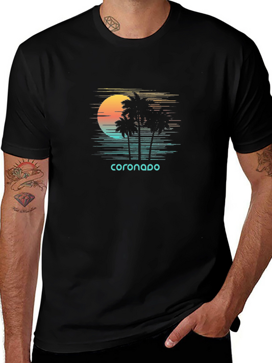 Retro Coronado Palm Tree Sunset Black T-Shirt