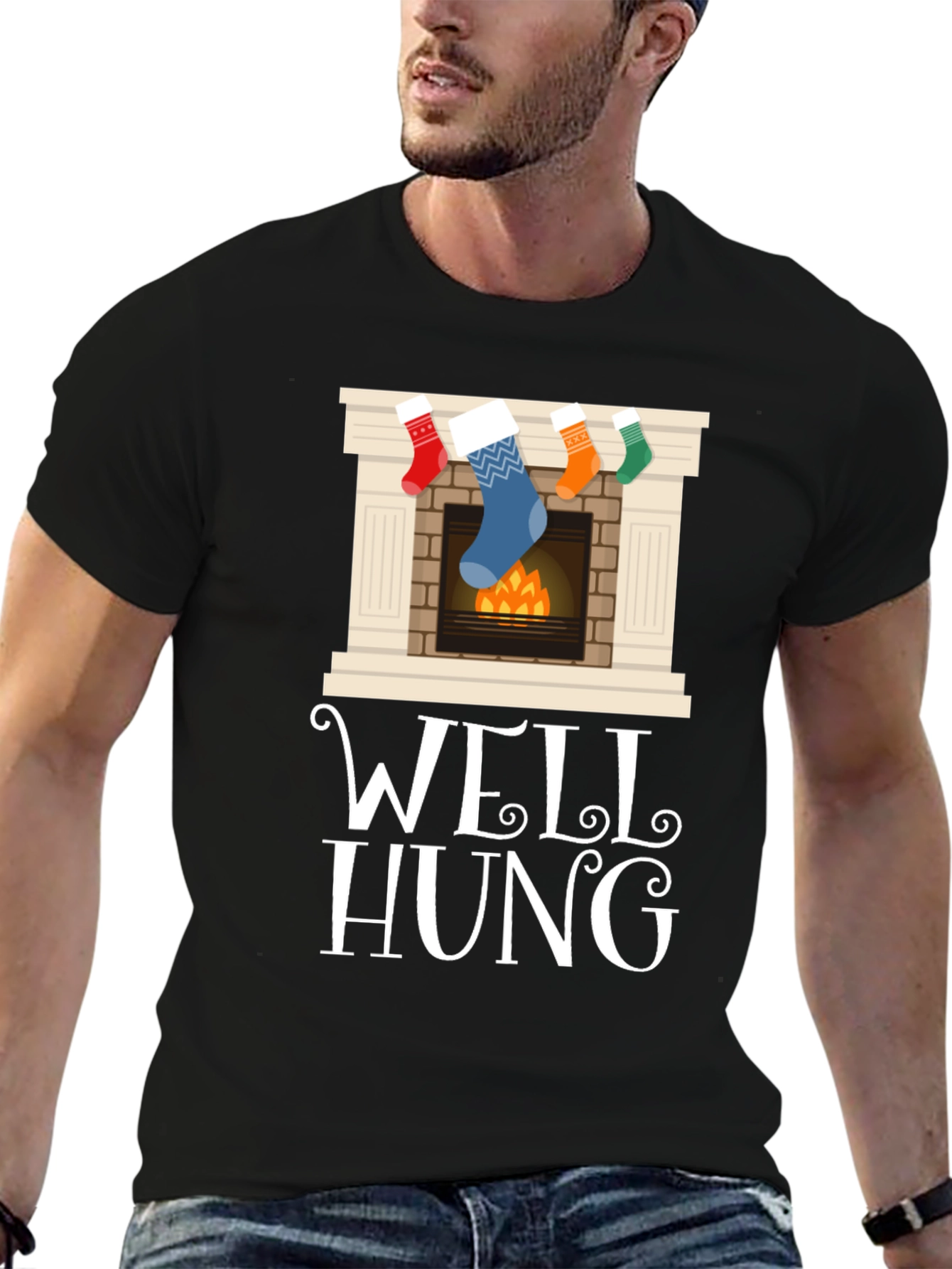 Well Hung Christmas Stocking Fireplace Funny Graphic Tee