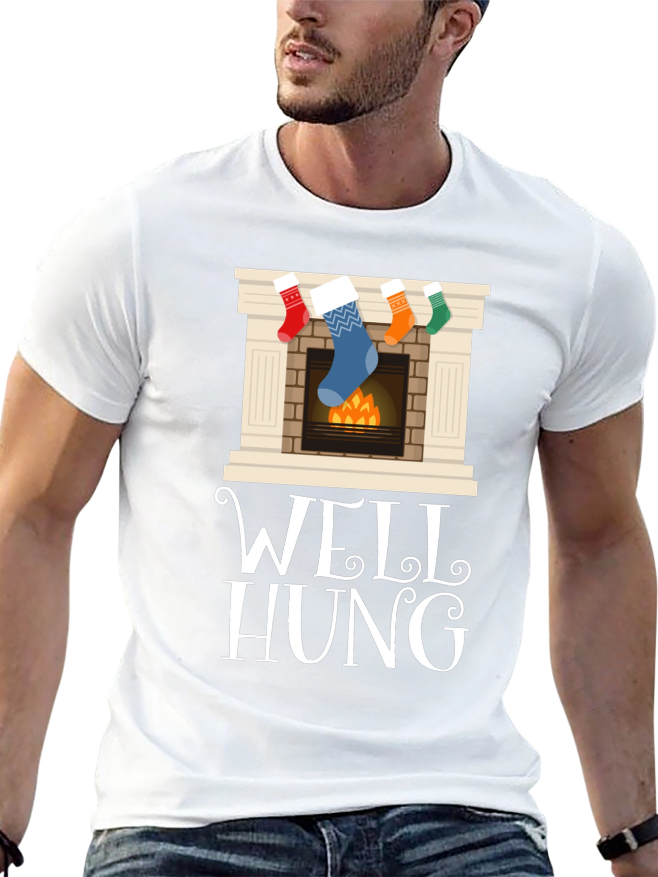 Well Hung Christmas Stocking Fireplace Funny Graphic Tee