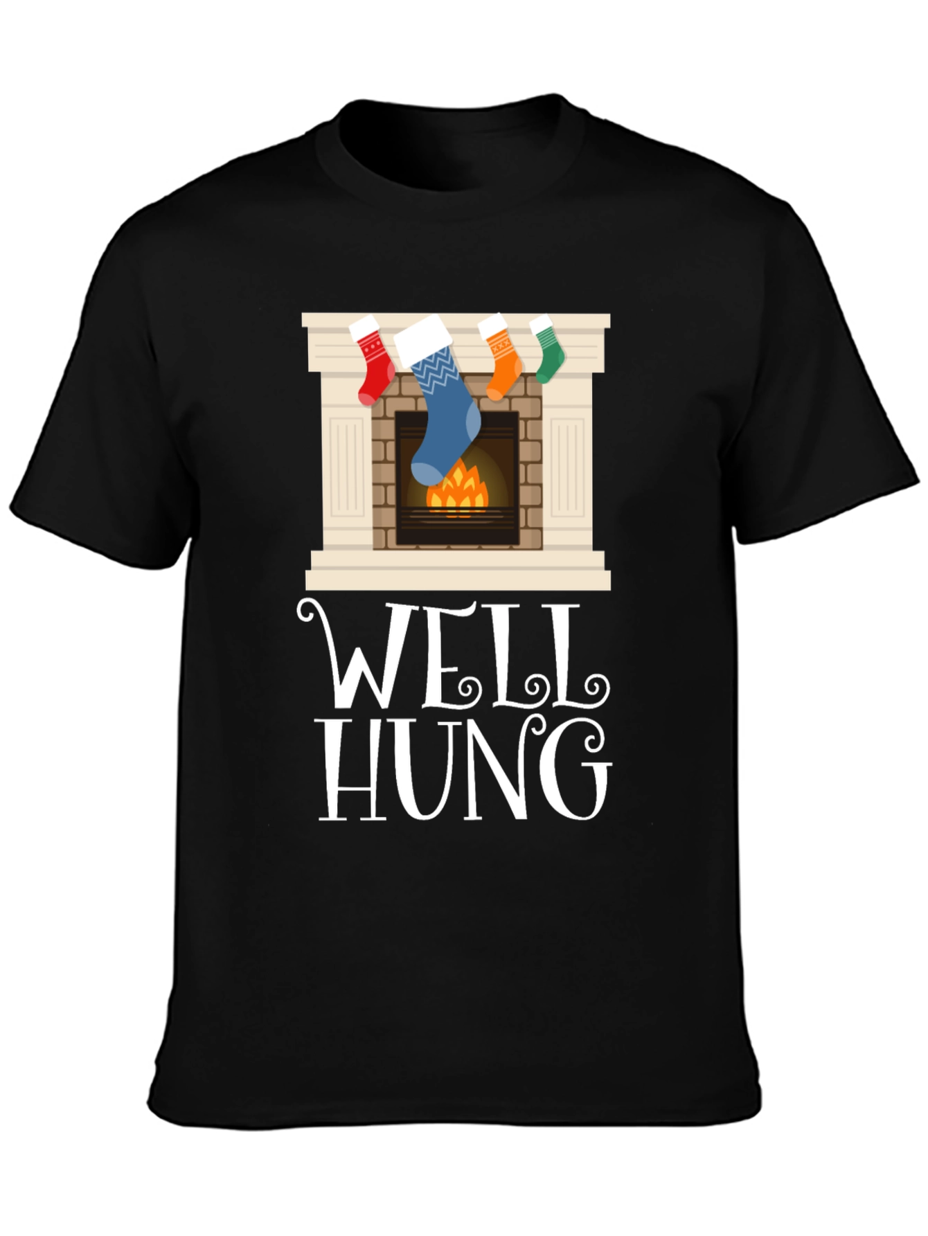 Well Hung Christmas Stocking Fireplace Funny Graphic Tee