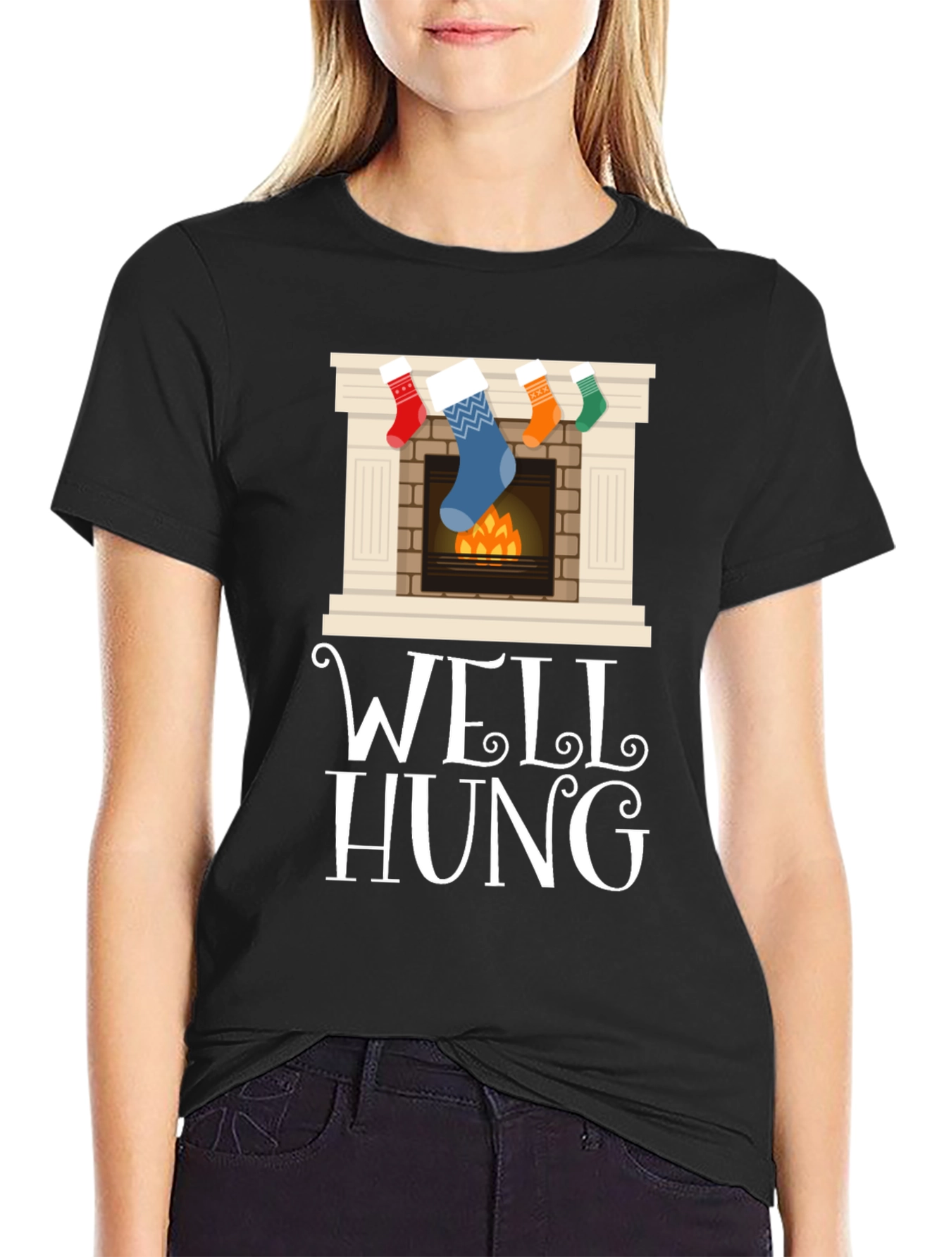 Well Hung Christmas Stocking Fireplace Funny Graphic Tee